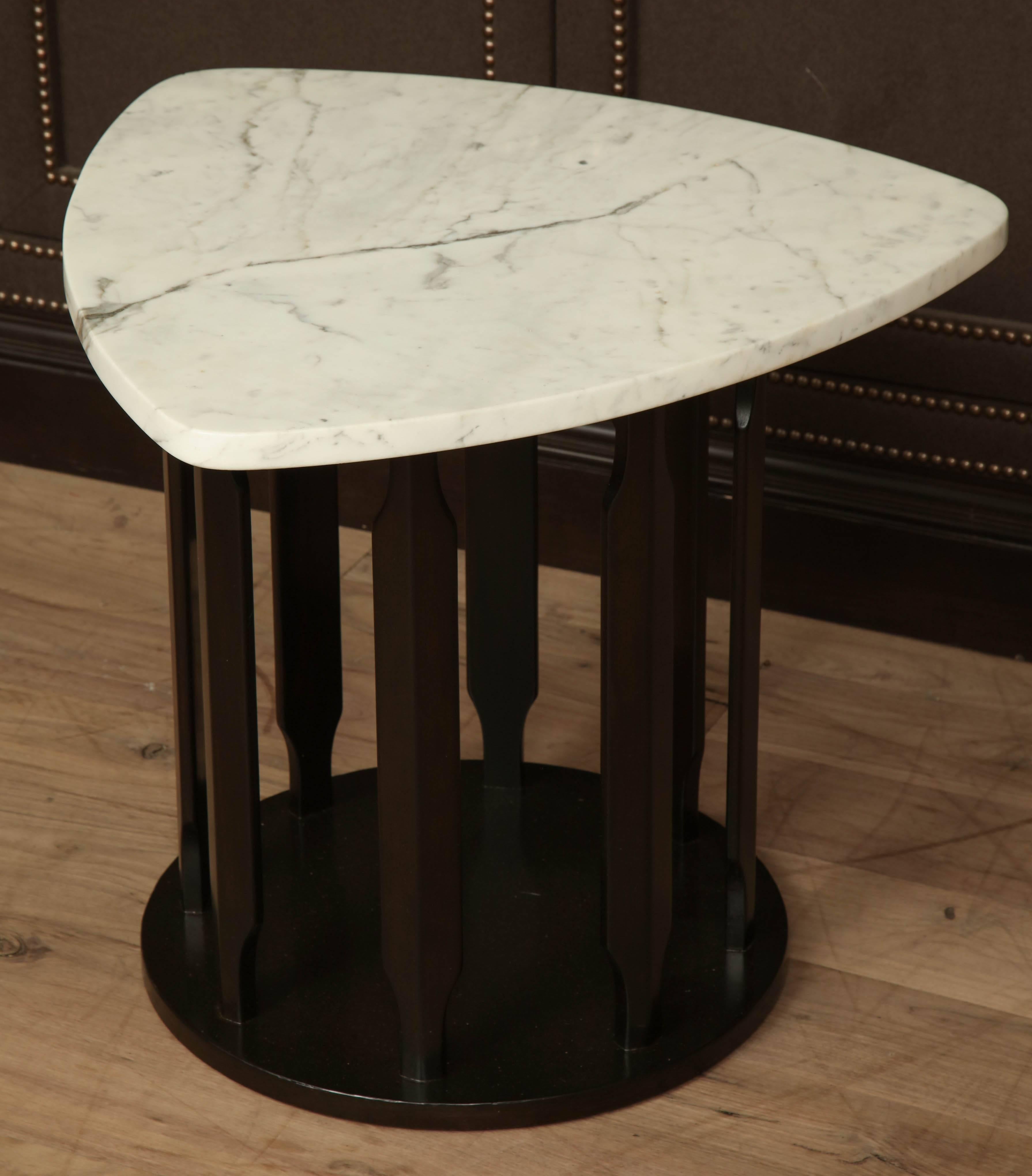 Dark sable finished side table with triangular marble top, circa 1950.