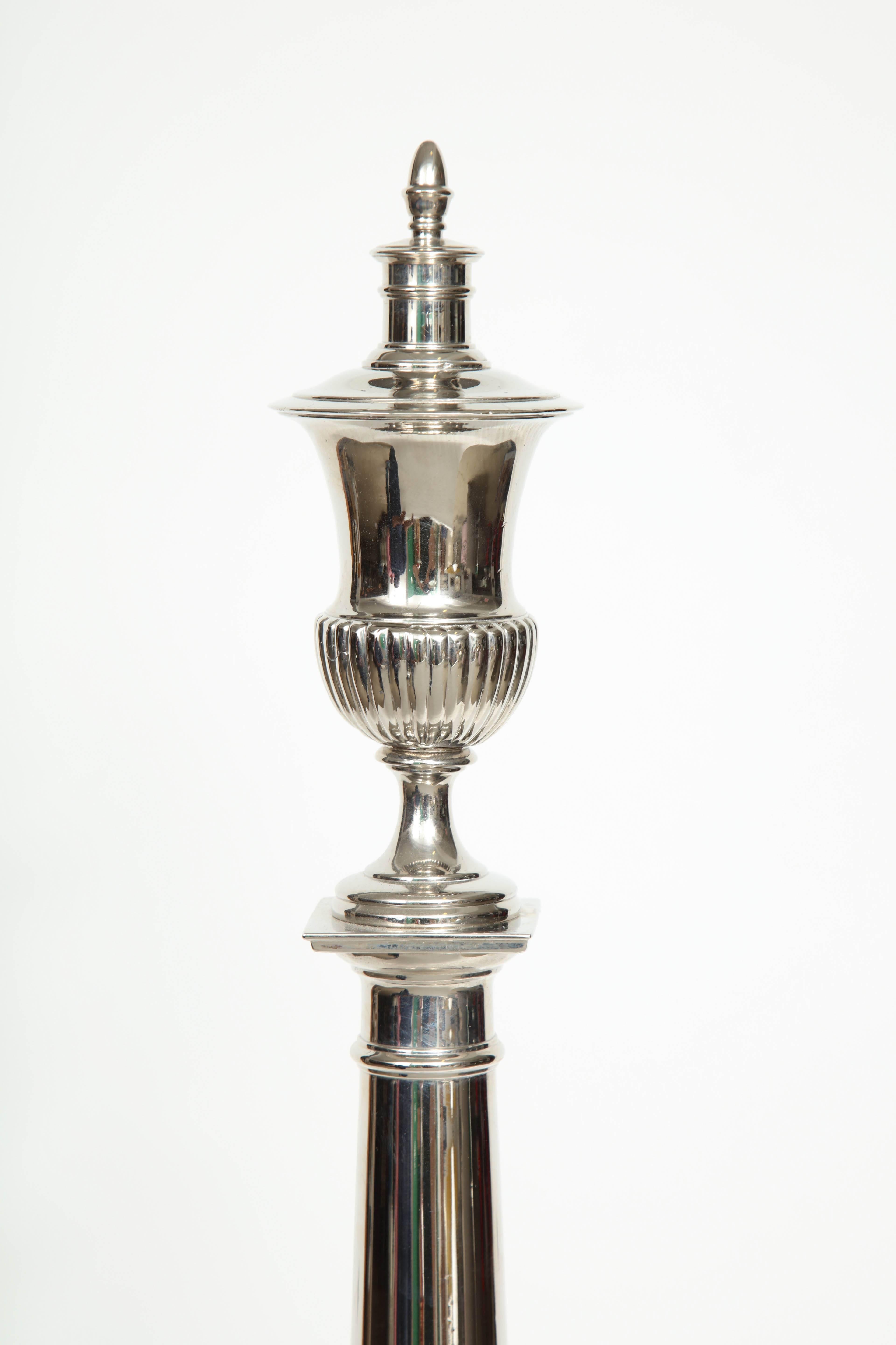 Hollywood Regency Urn Finial Polished Nickel Andirons In Excellent Condition In New York, NY