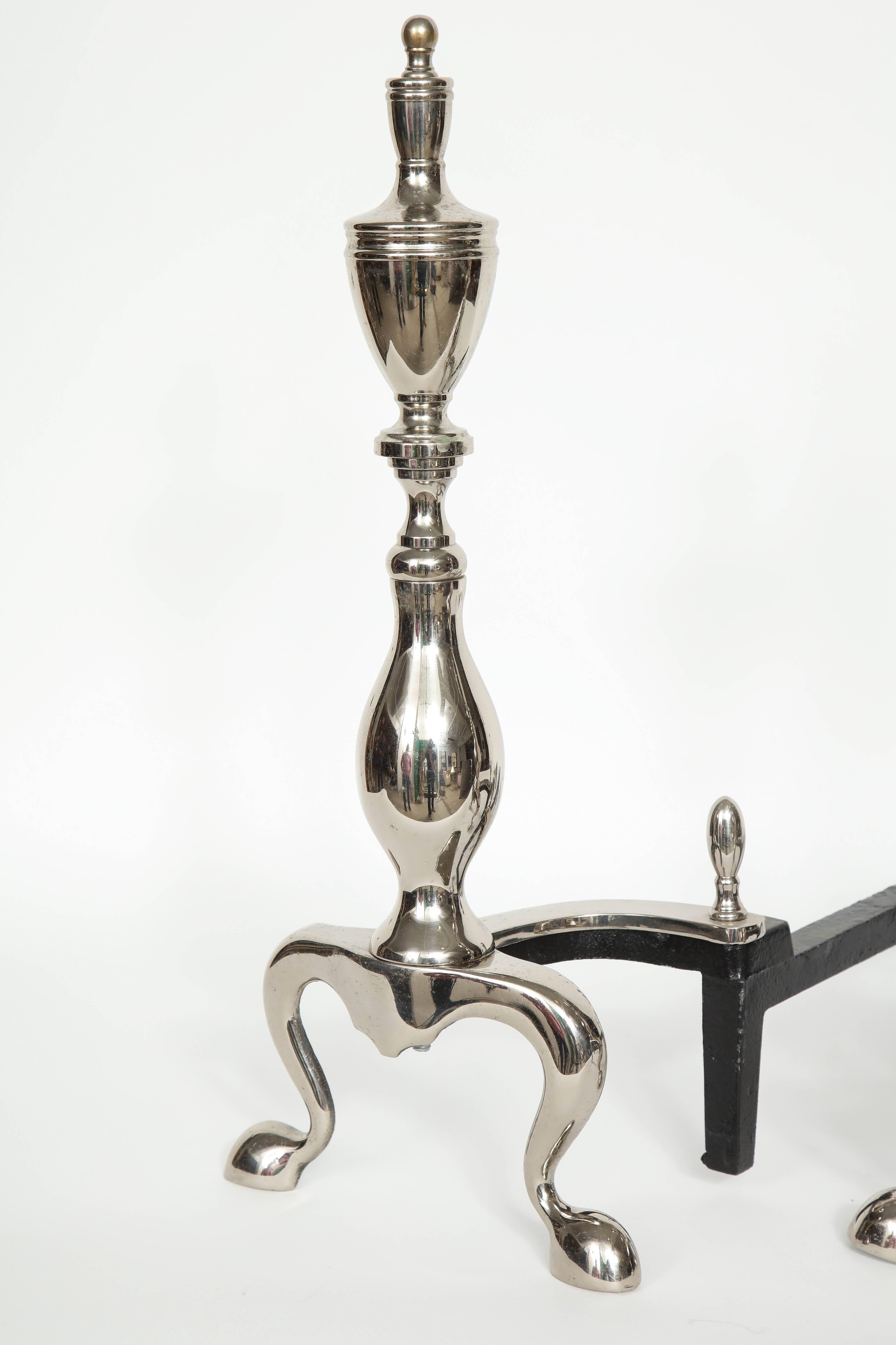 American Polished Nickel Chippendale Style Andirons