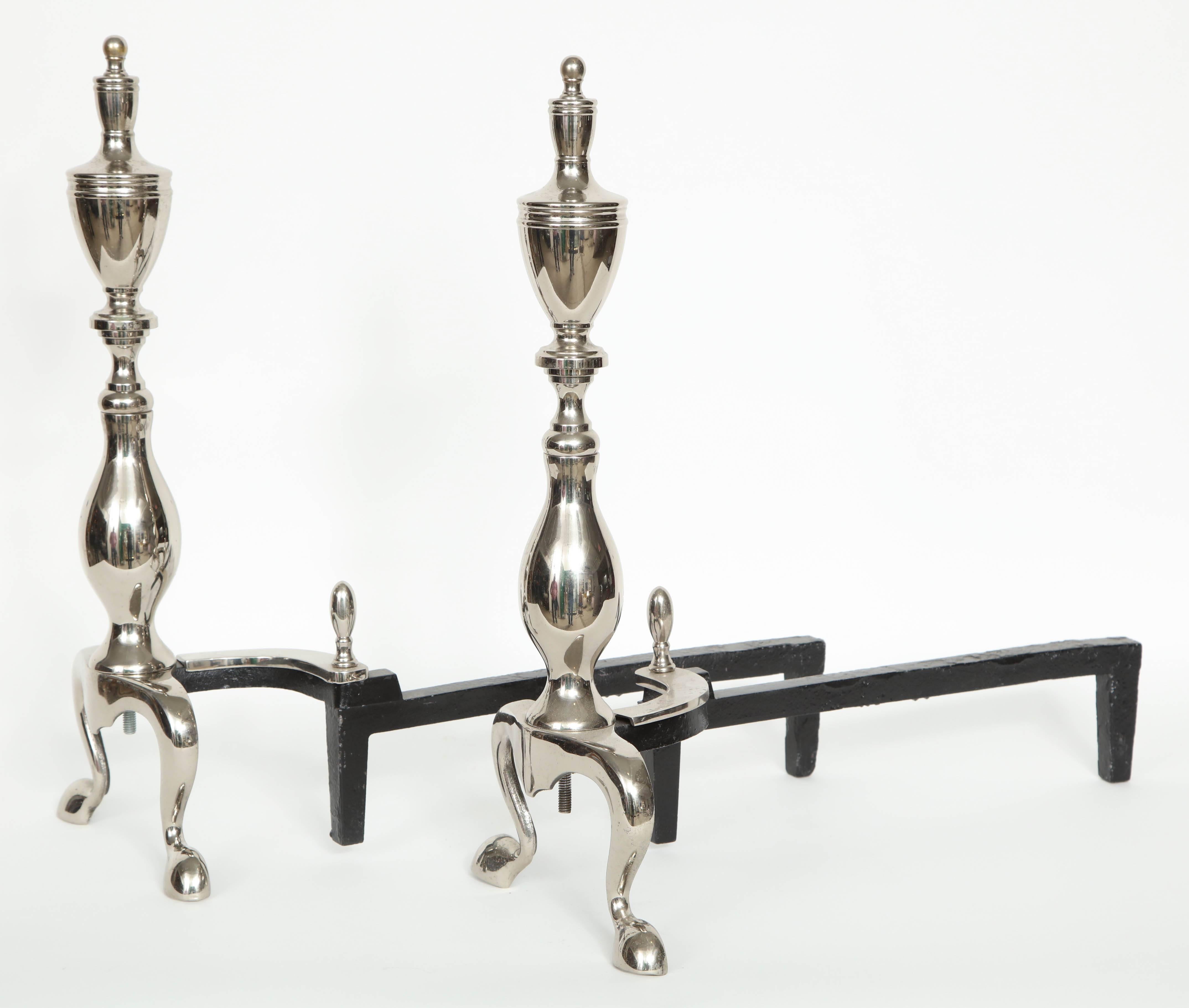 Polished Nickel Chippendale Style Andirons In Excellent Condition In New York, NY