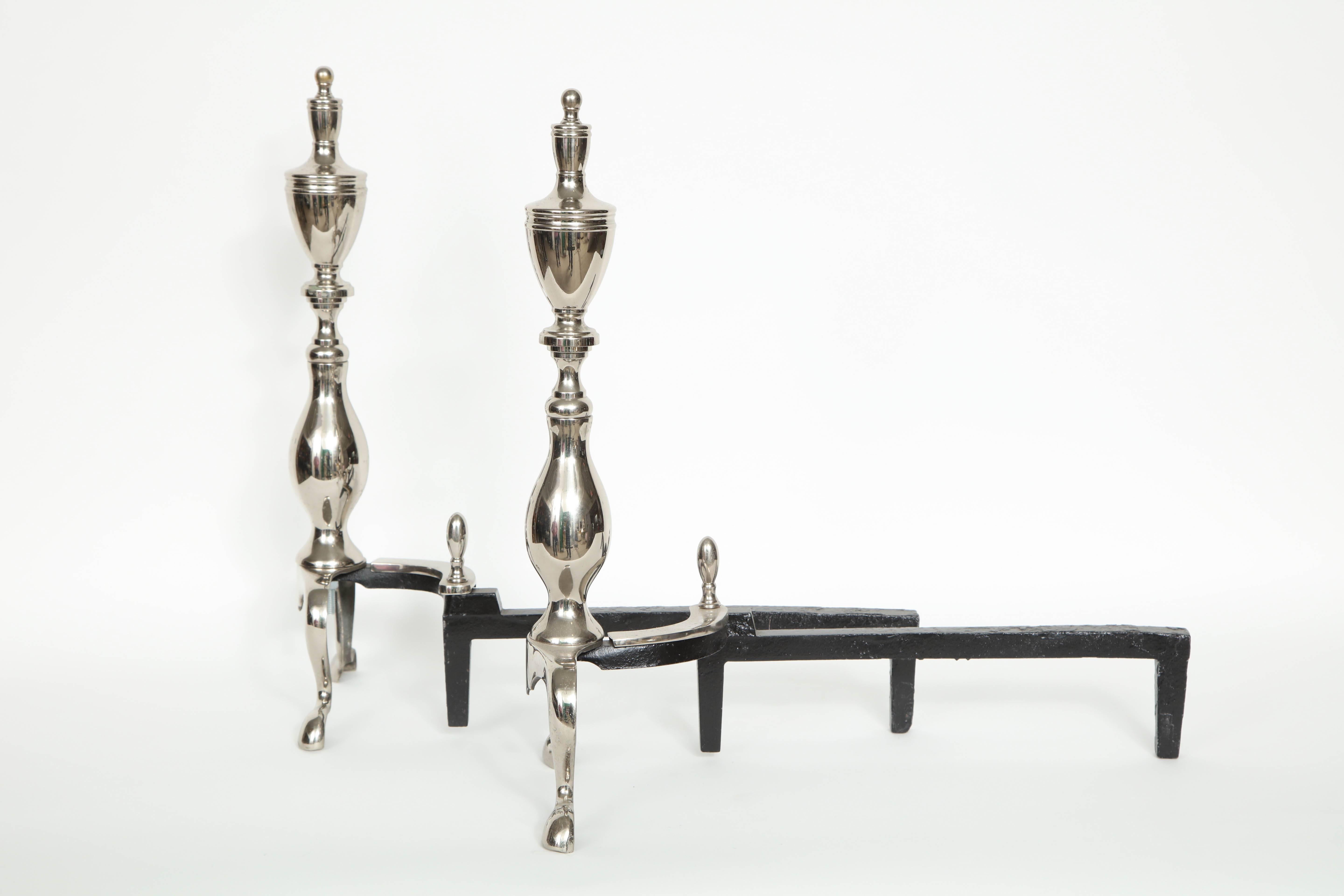 20th Century Polished Nickel Chippendale Style Andirons