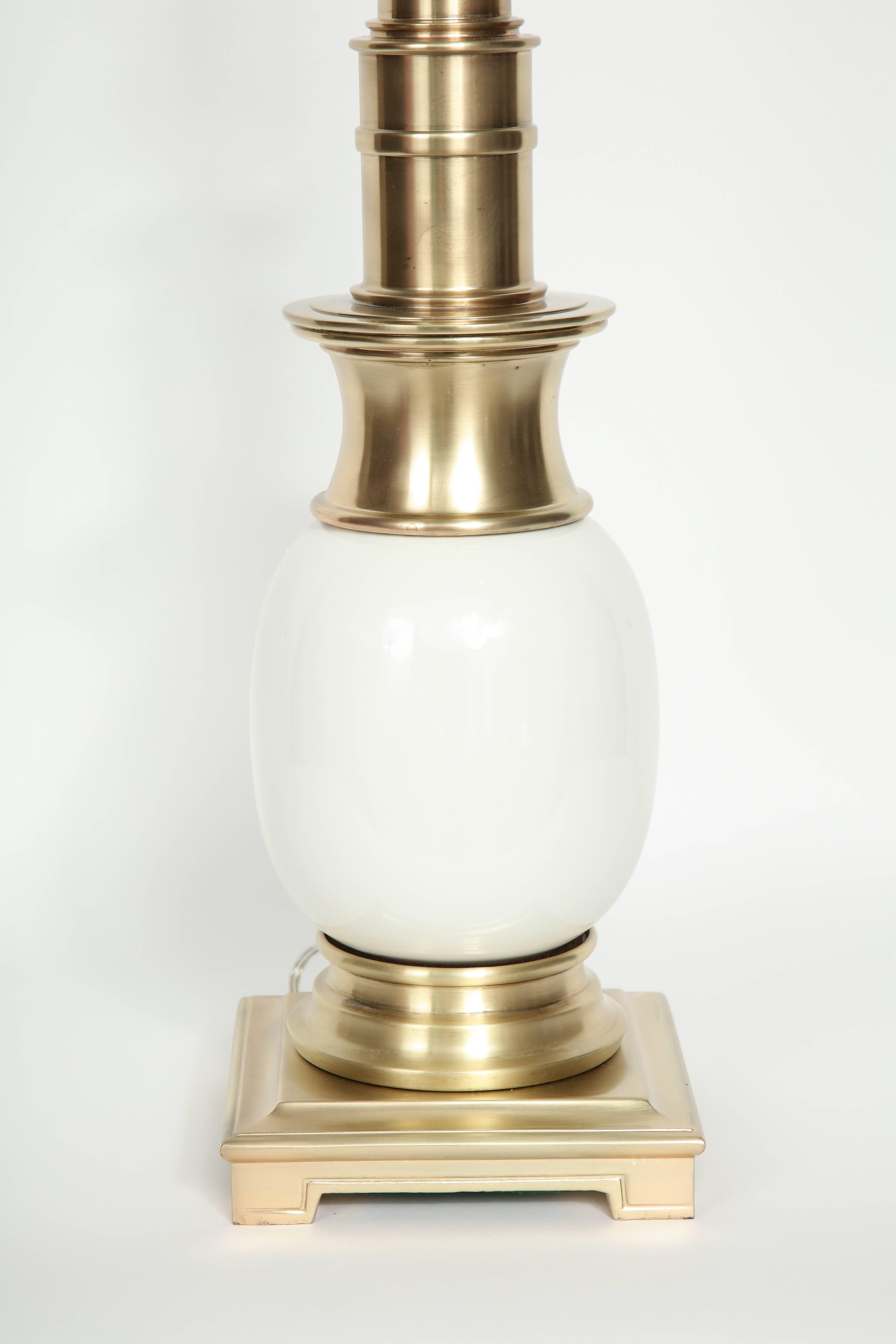 Brushed Stiffel Satin Brass and White Ceramic Lamps For Sale