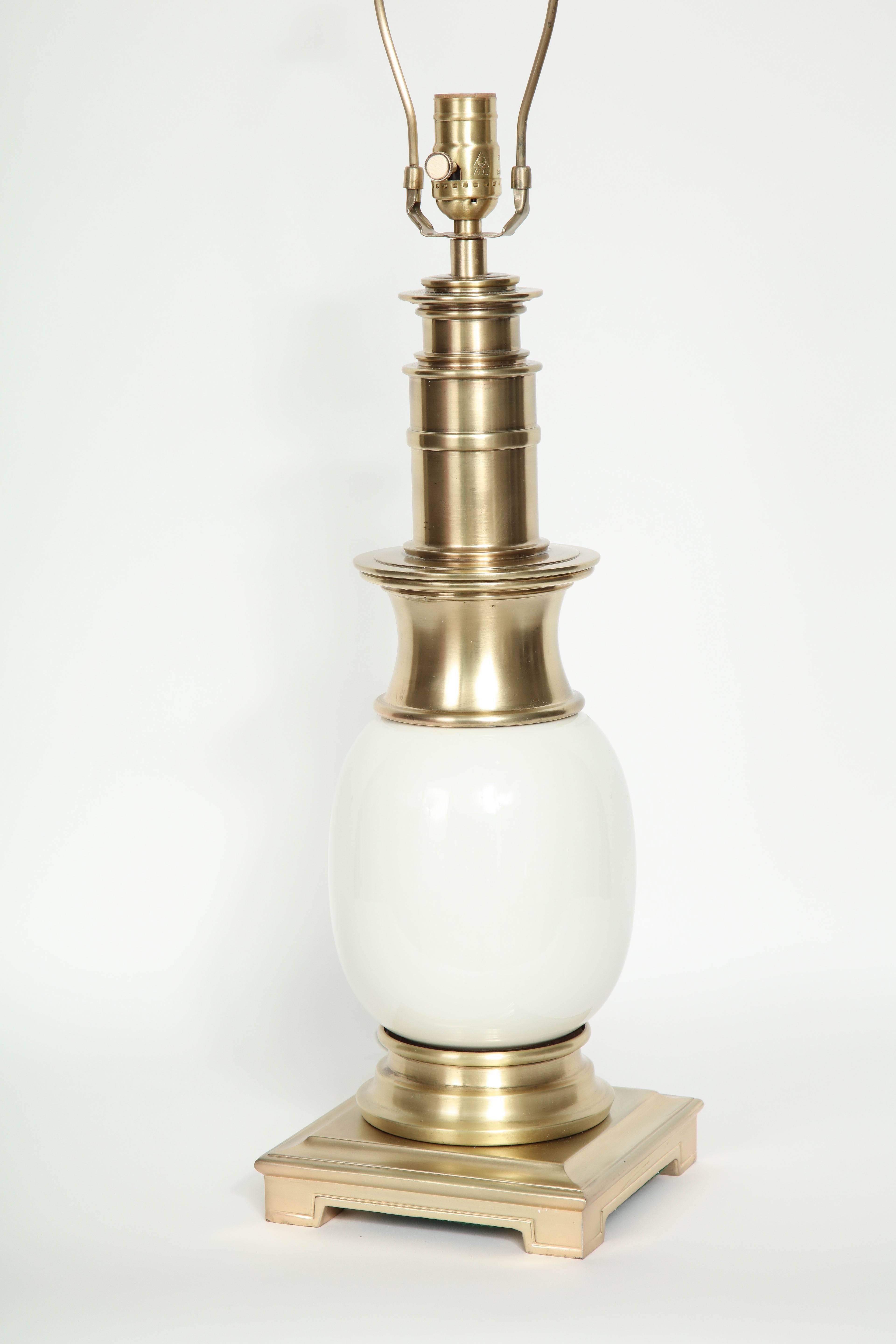 20th Century Stiffel Satin Brass and White Ceramic Lamps For Sale