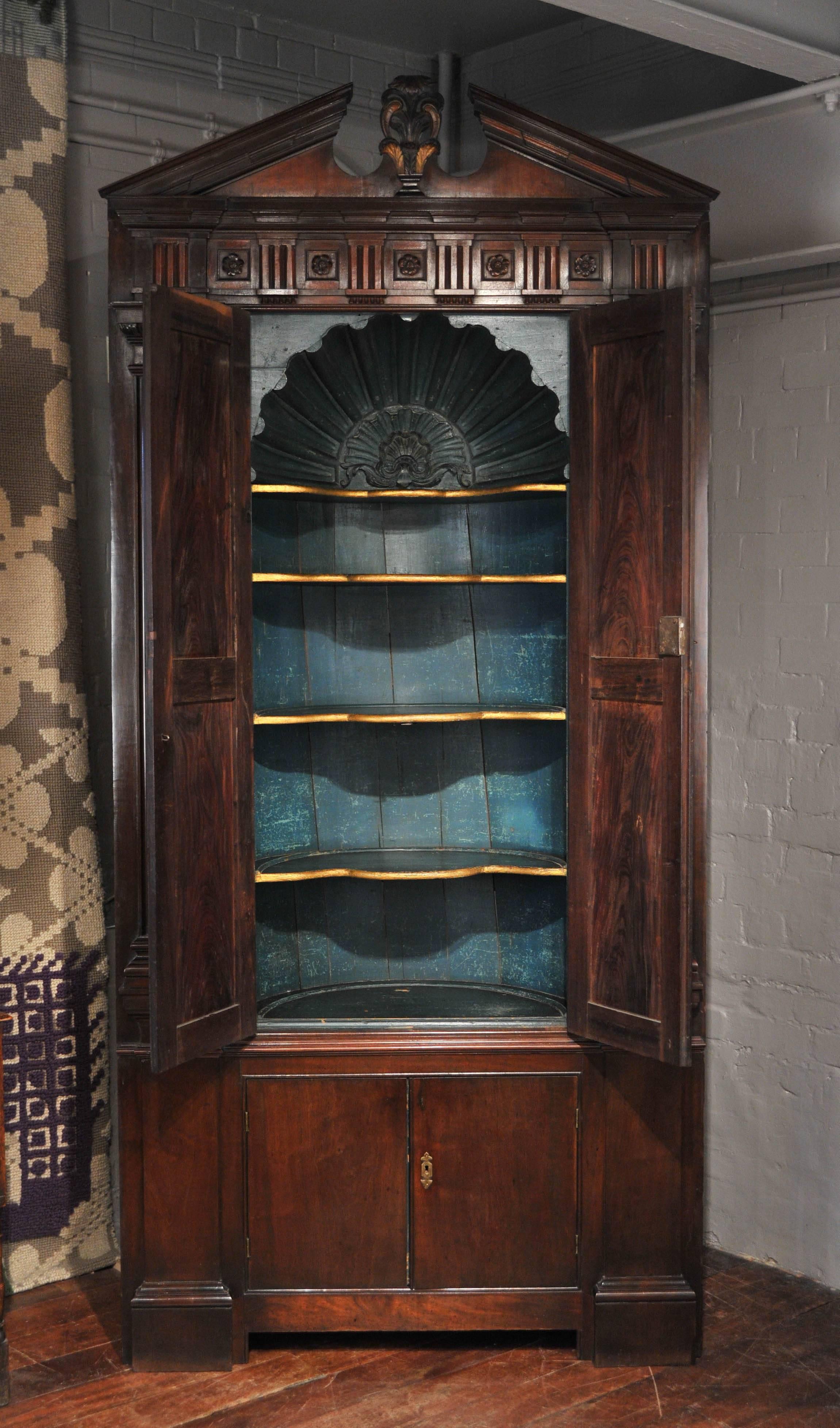 English George II period early 18th Century Architectural Cuban Mahogany Corner Cupboard For Sale