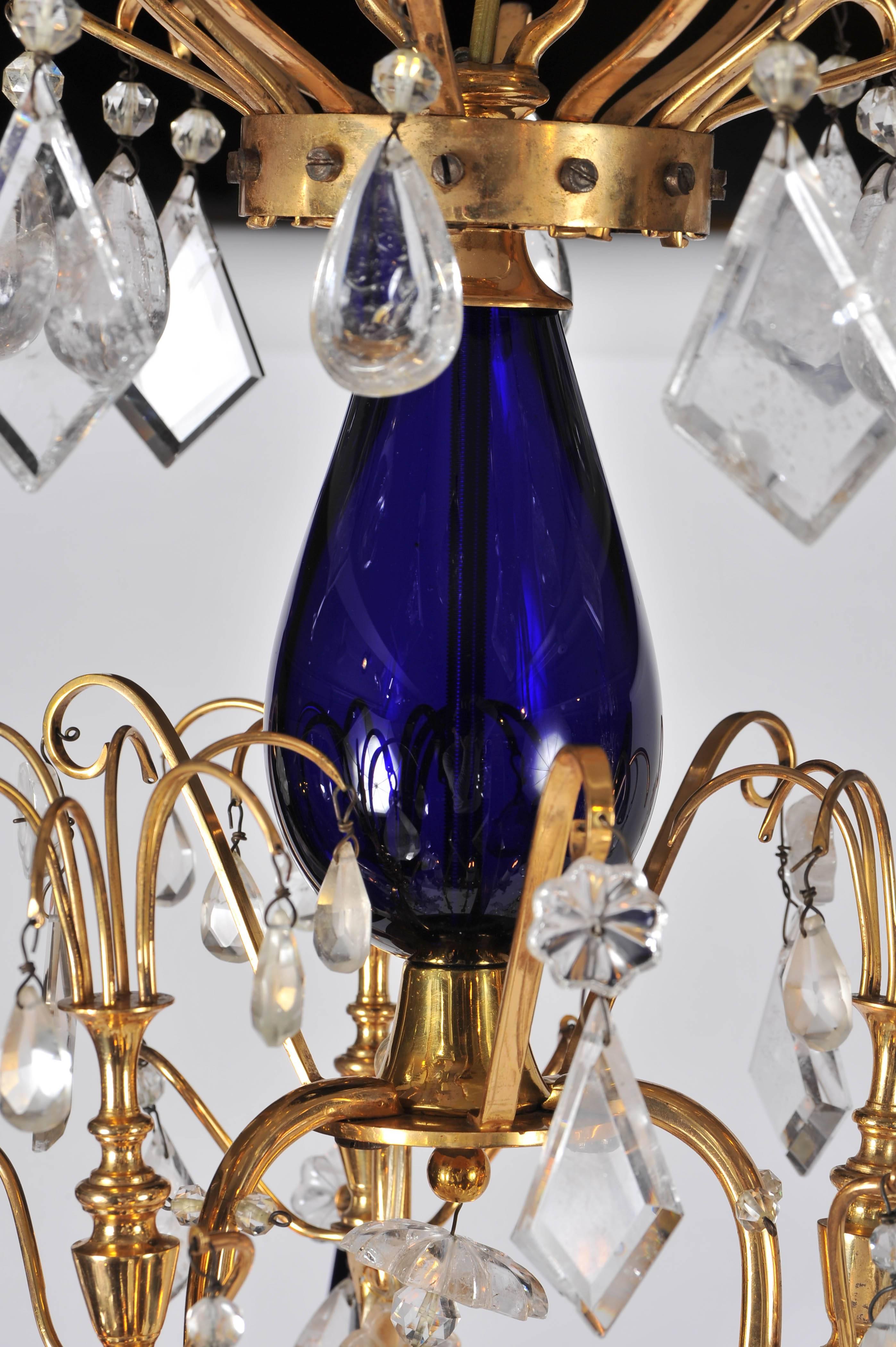 Brass Pair of 20th Century Rock Crystal and Blue Glass Chandeliers