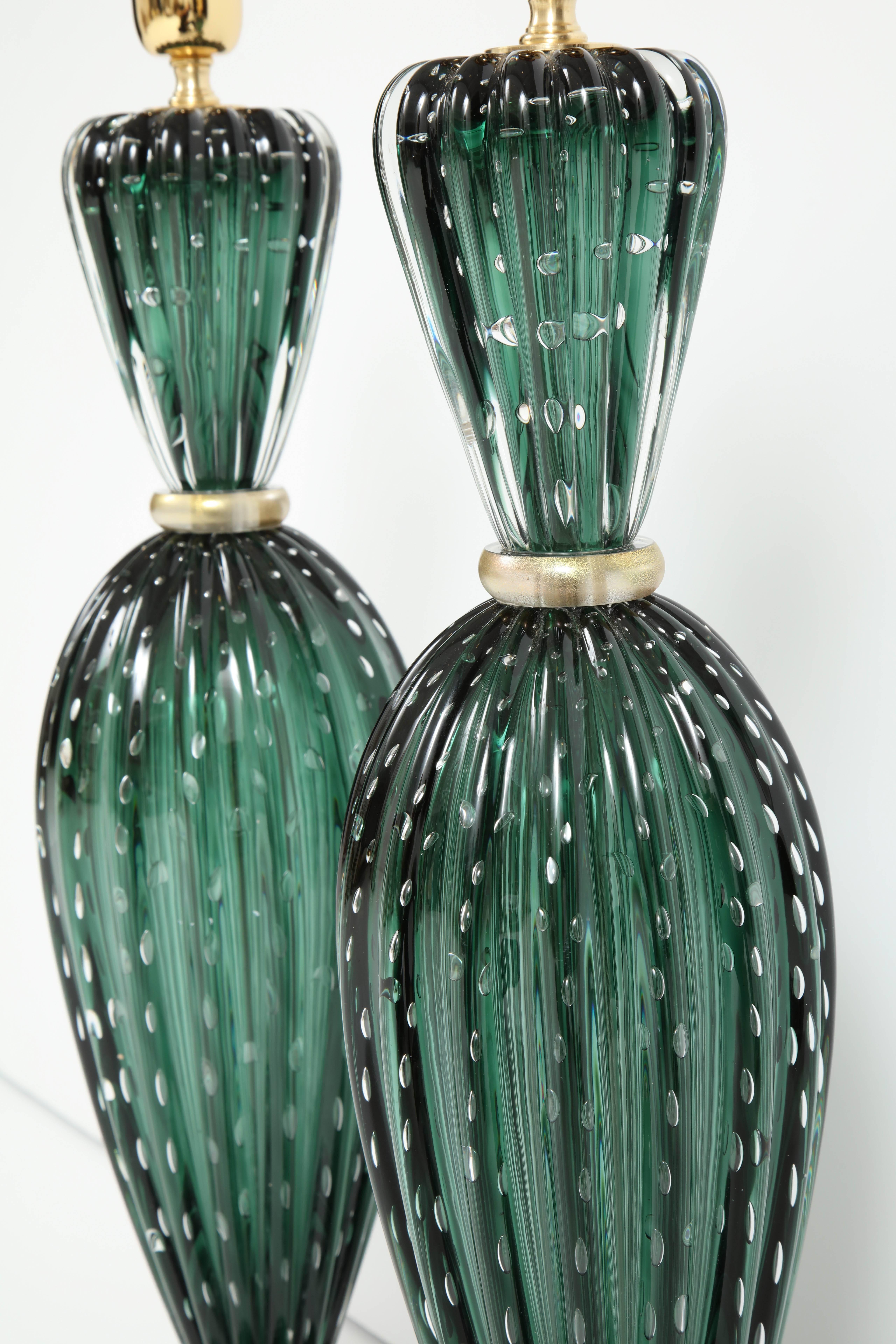Mid-Century Modern Rare Pair of Tall Italian Handblown Emerald Green Murano Glass Lamps