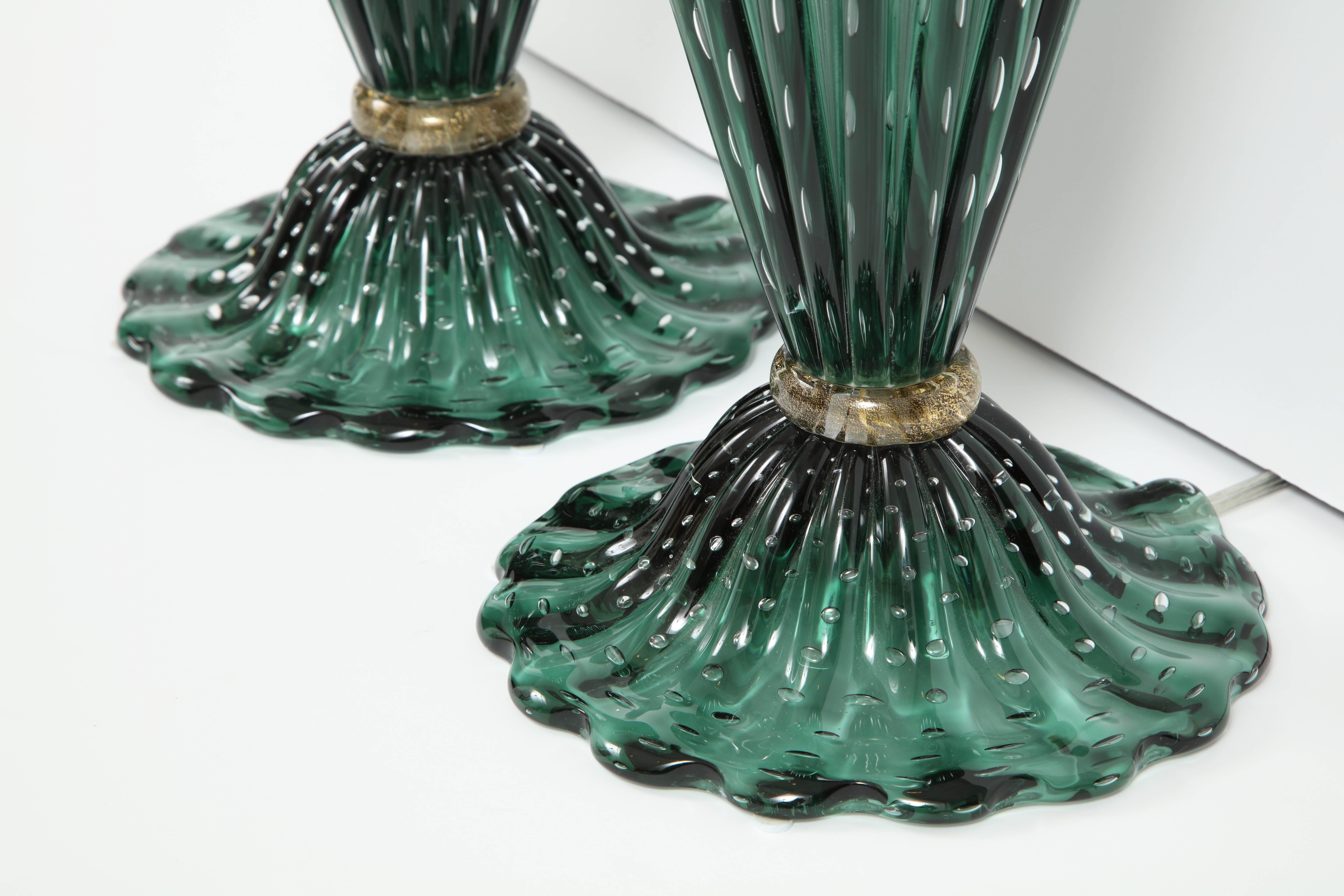 Hand-Crafted Rare Pair of Tall Italian Handblown Emerald Green Murano Glass Lamps