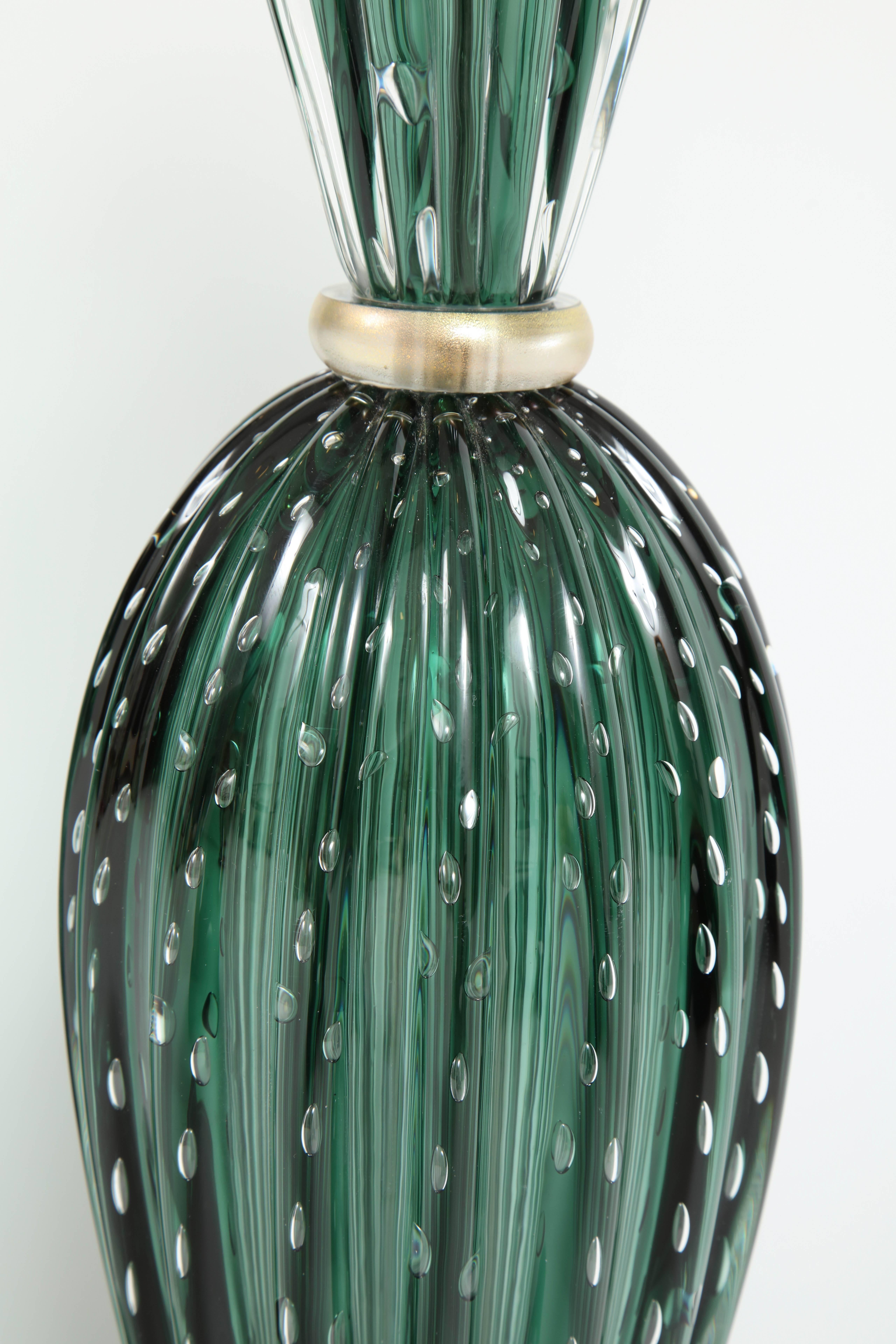 Rare Pair of Tall Italian Handblown Emerald Green Murano Glass Lamps In Excellent Condition In New York, NY