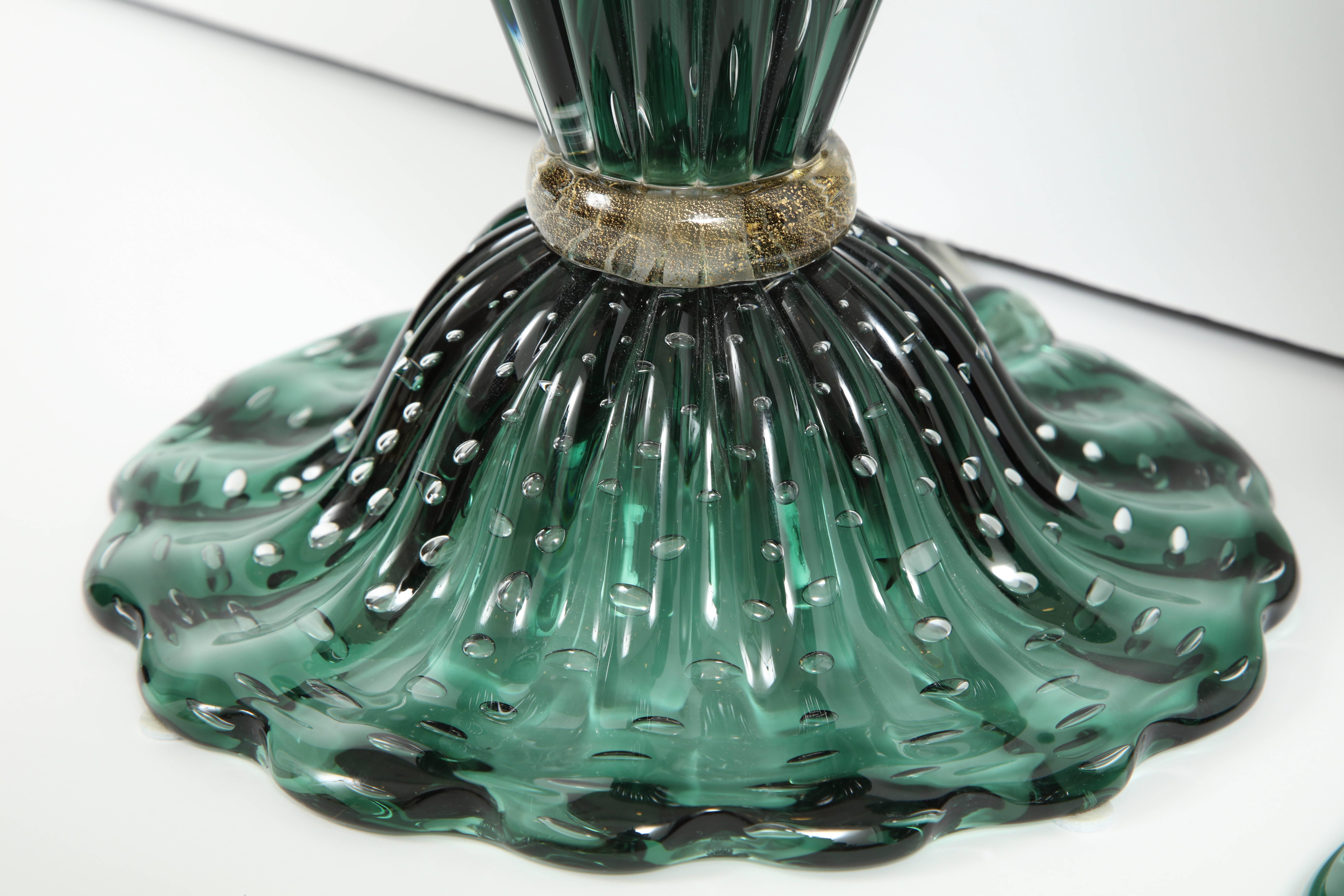 20th Century Rare Pair of Tall Italian Handblown Emerald Green Murano Glass Lamps