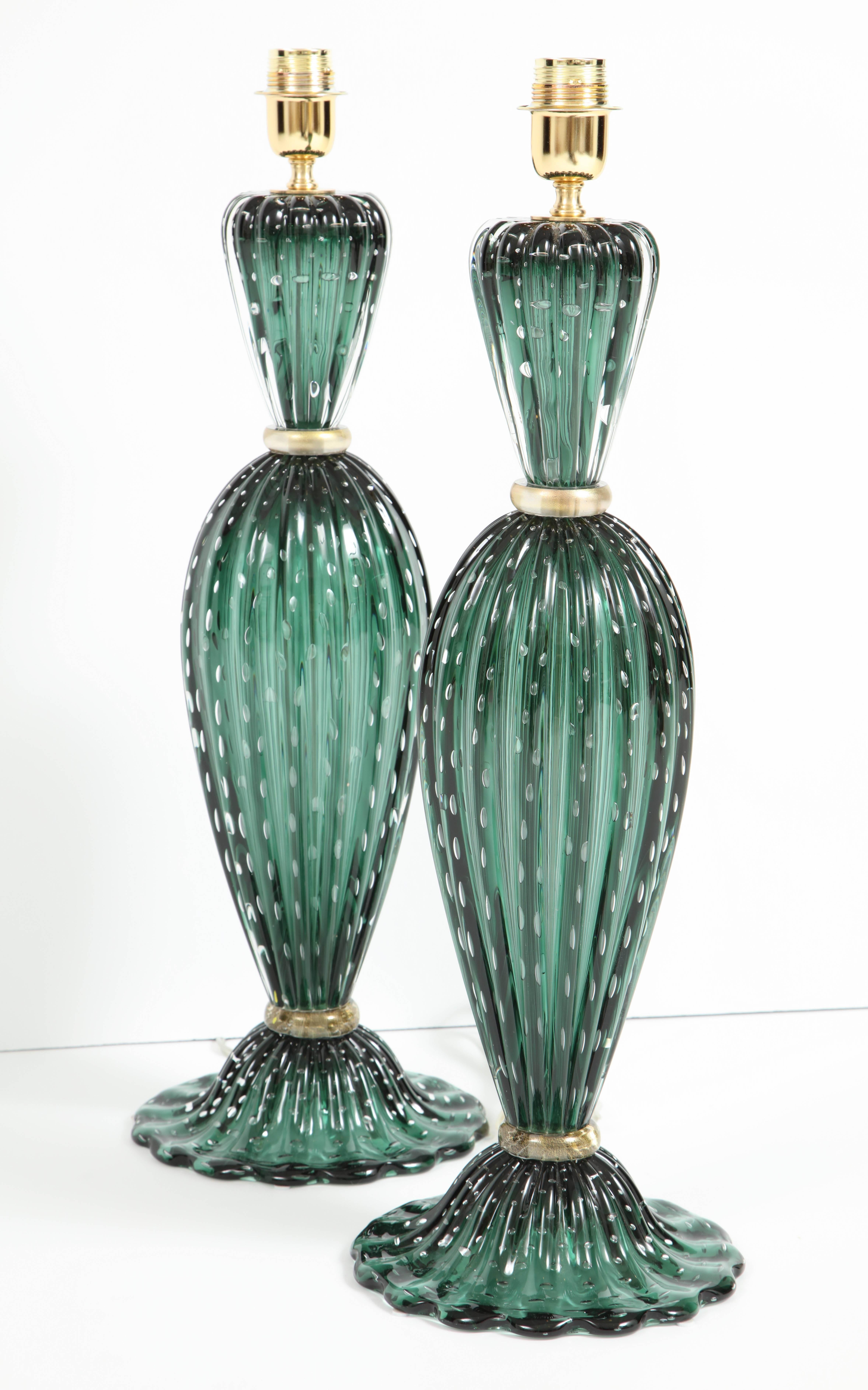 Rare Pair of Tall Italian Handblown Emerald Green Murano Glass Lamps 2