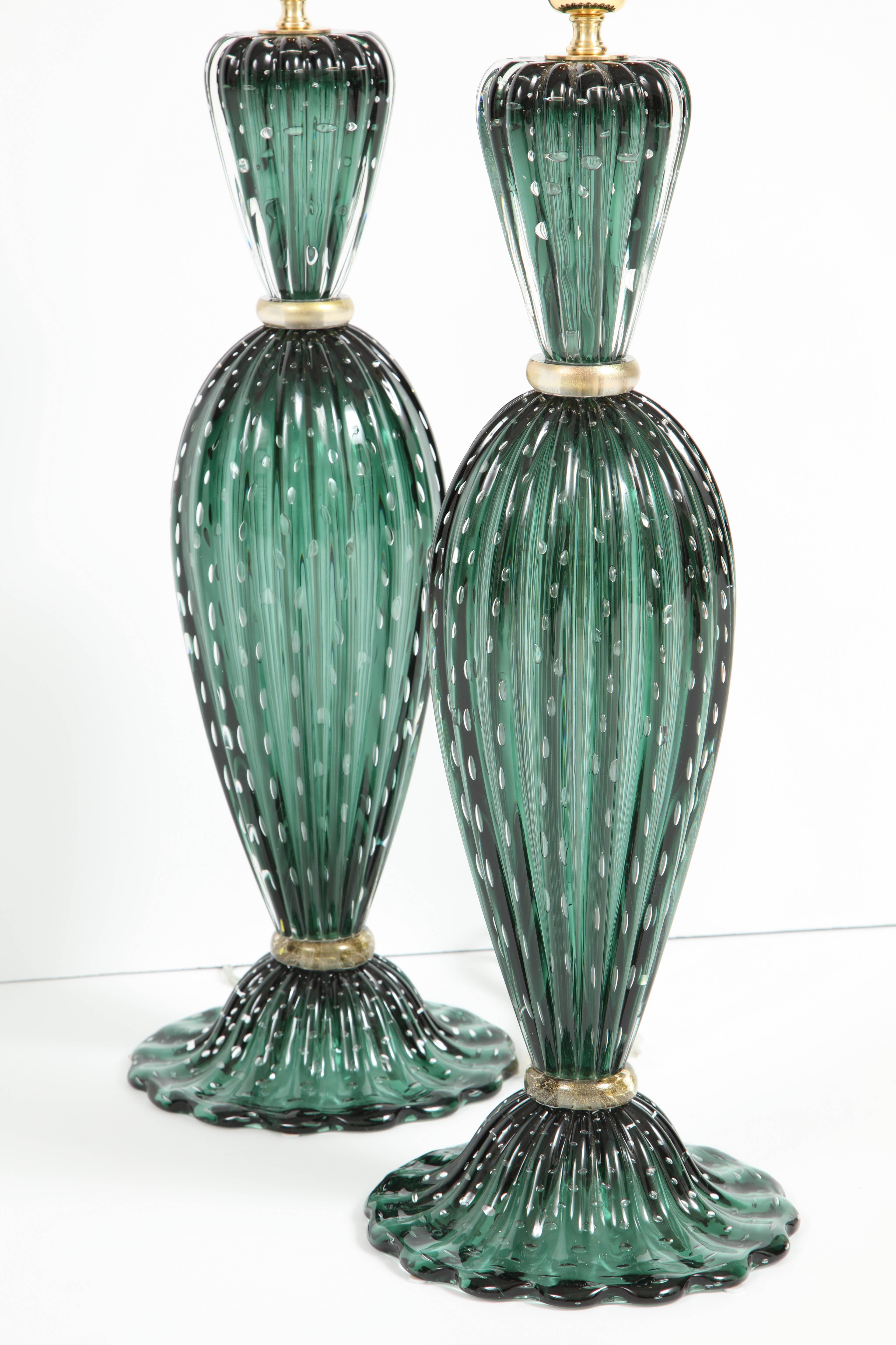 Rare Pair of Tall Italian Handblown Emerald Green Murano Glass Lamps 3