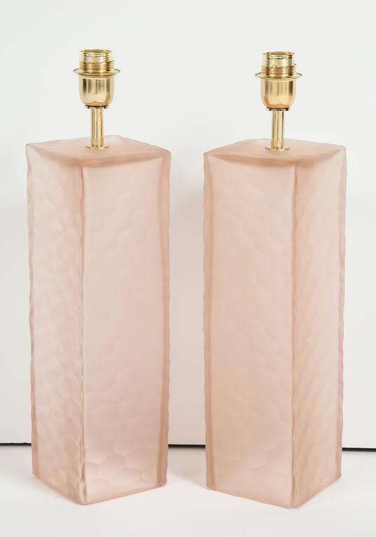 Pair of Italian Blush Pink Solid Murano Glass Textured Block Lamps at