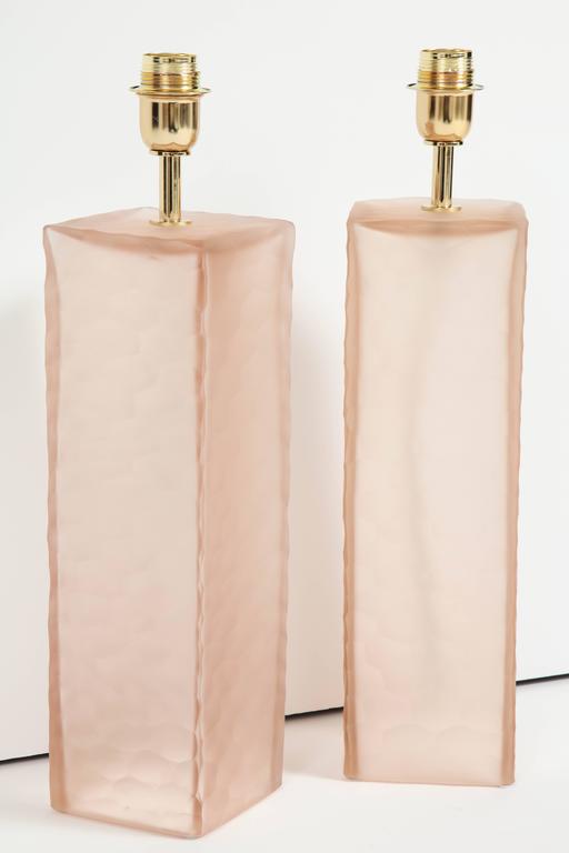 Pair of Italian Blush Pink Solid Murano Glass Textured Block Lamps at