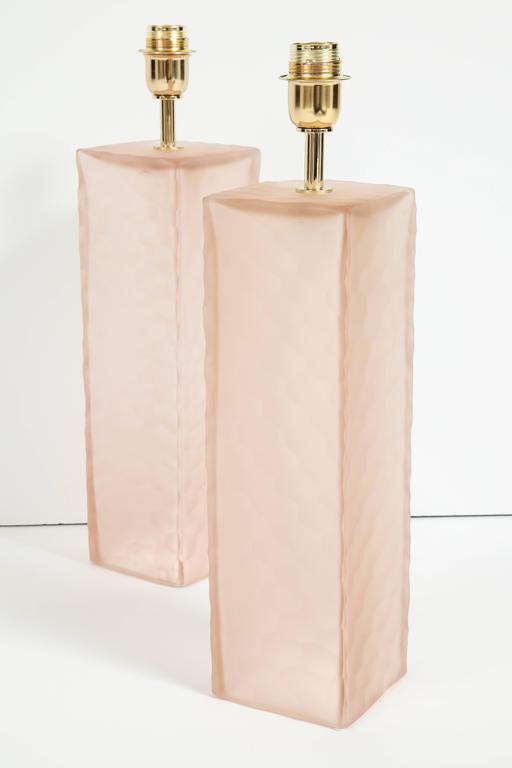 Pair of Italian Blush Pink Solid Murano Glass Textured Block Lamps at