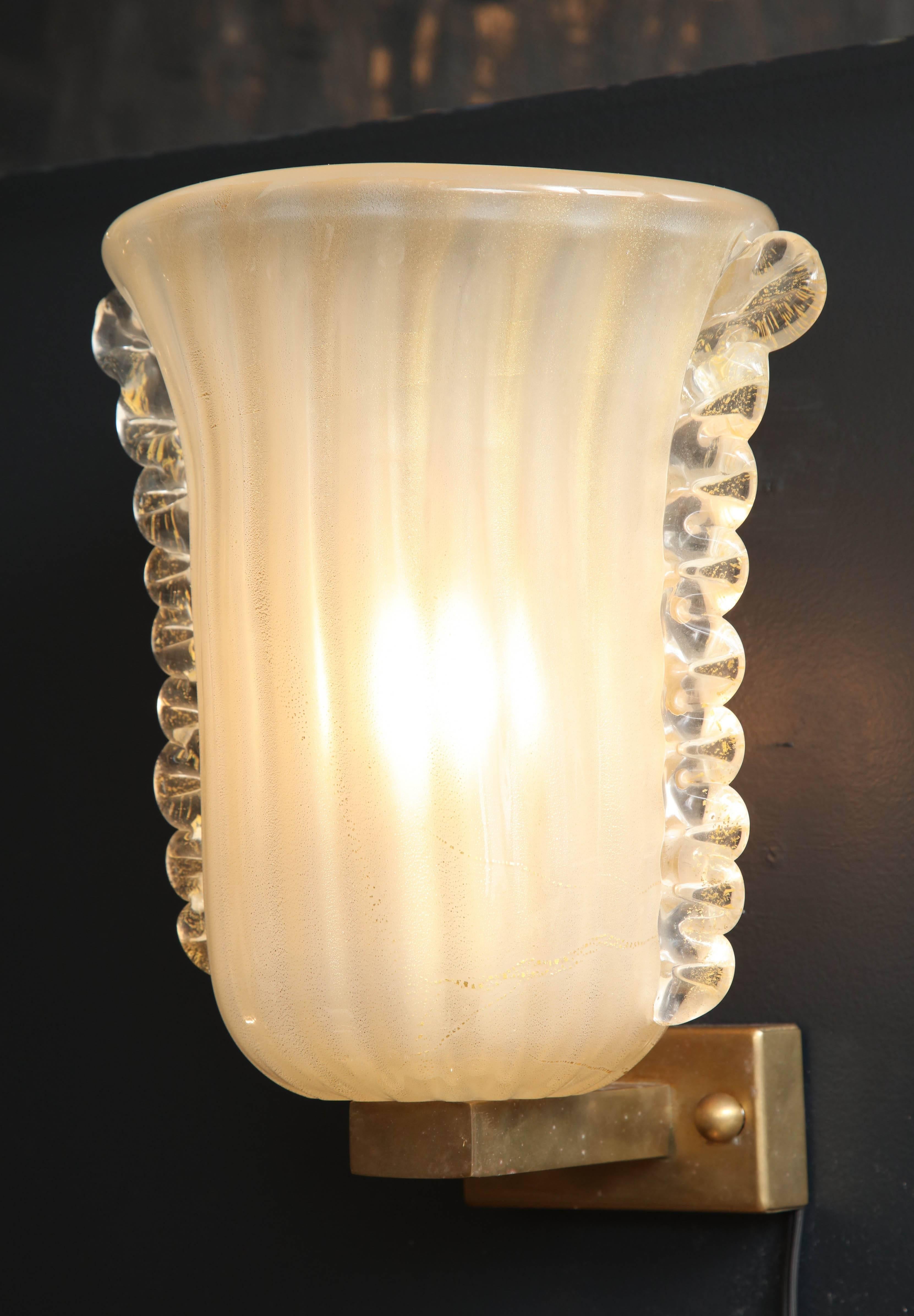 Hand-Crafted Pair of Italian Ivory with Infused Gold Murano Glass and Brass Sconces