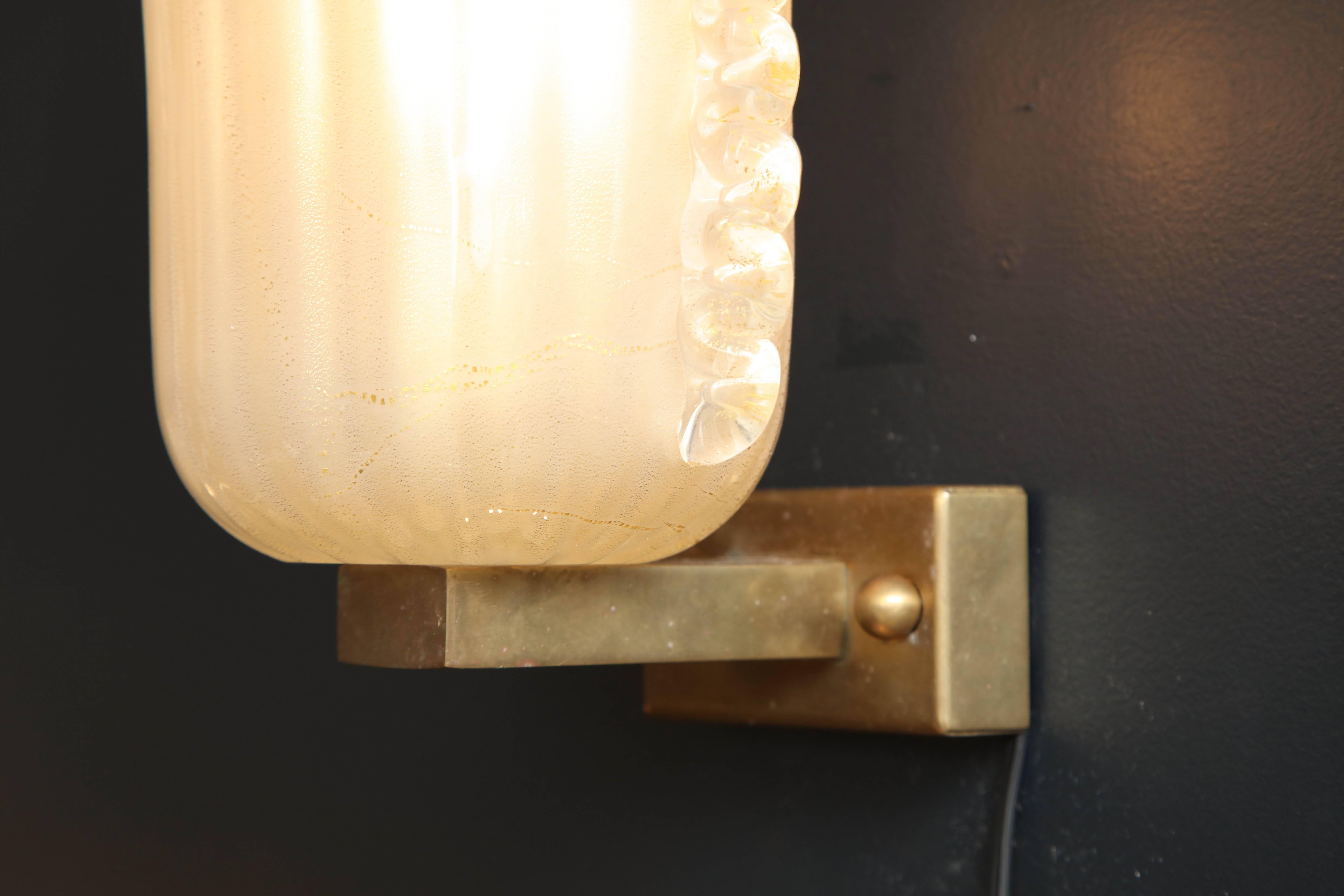 20th Century Pair of Italian Ivory with Infused Gold Murano Glass and Brass Sconces