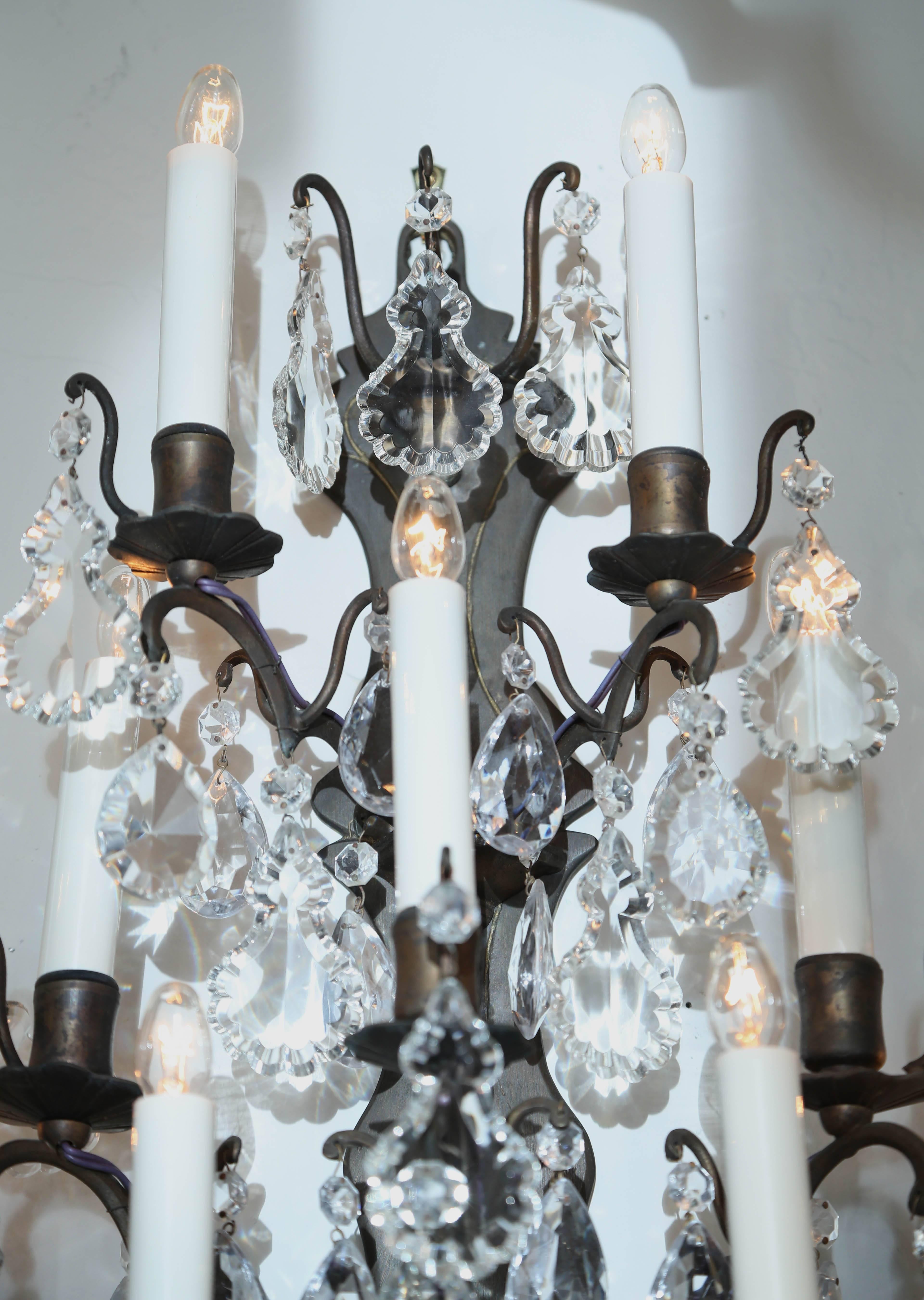 Pair of Vintage Iron and Crystal Wall Sconces In Good Condition In West Palm Beach, FL