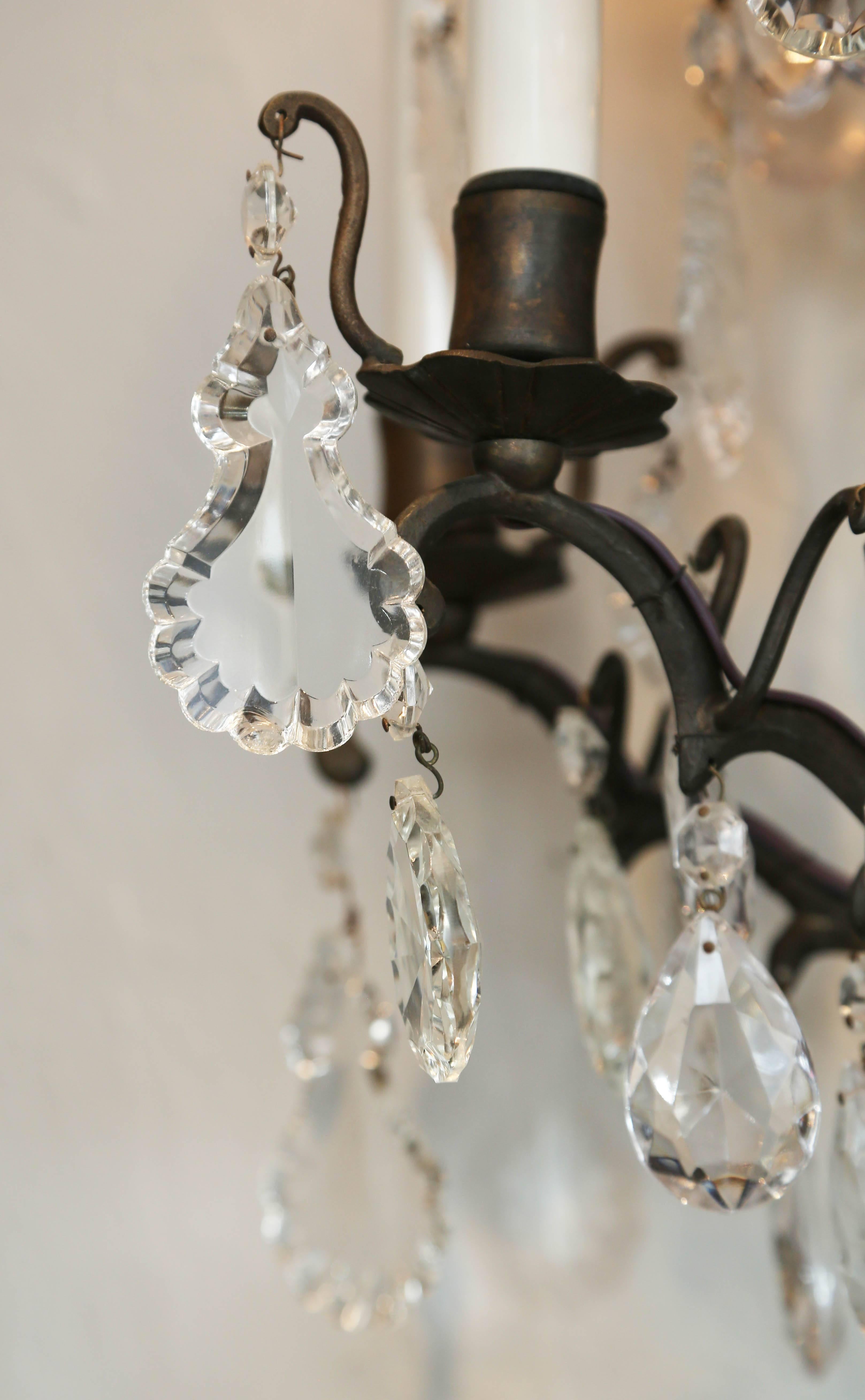 20th Century Pair of Vintage Iron and Crystal Wall Sconces