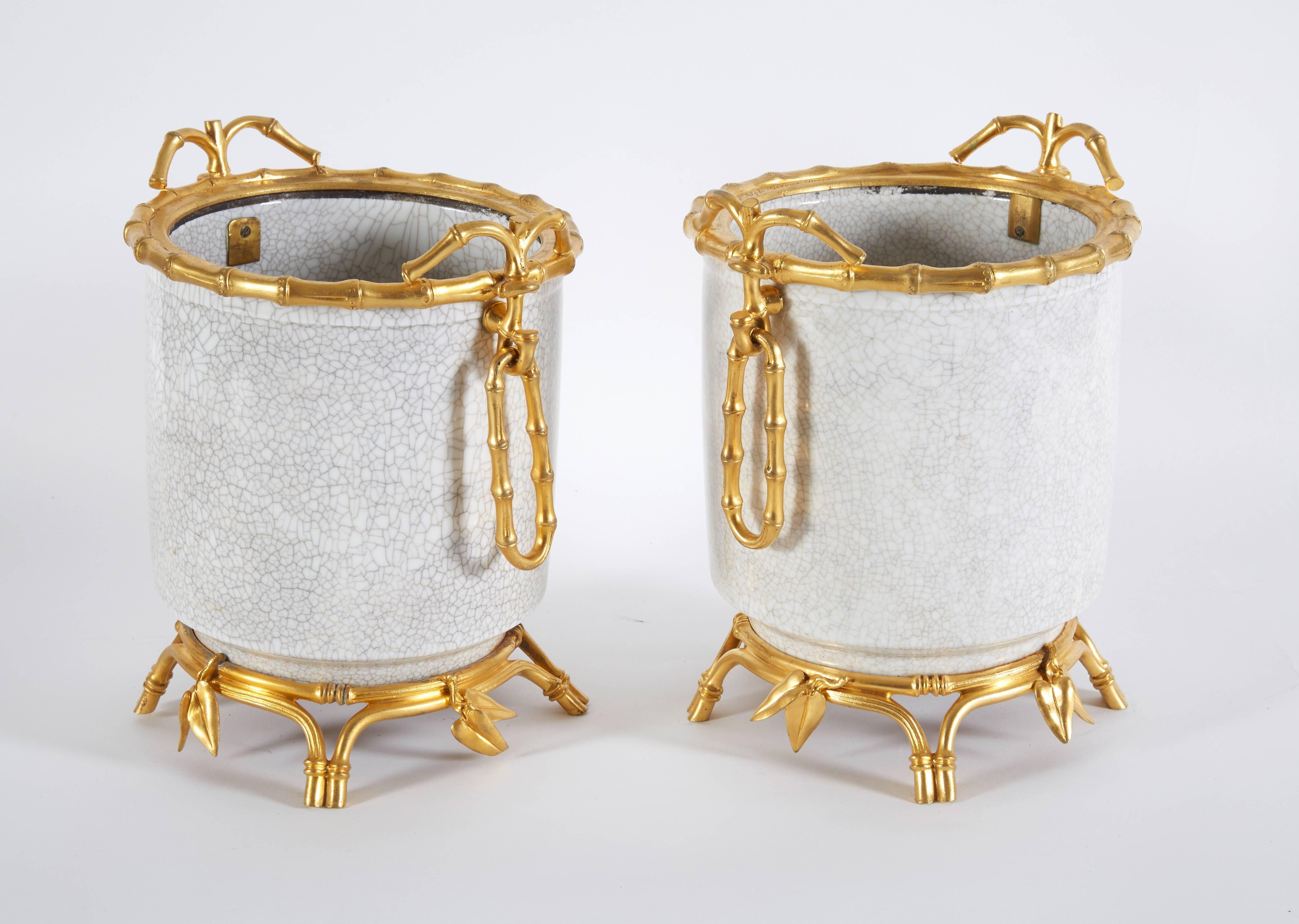 Japonisme French Japonsime Ormolu-Mounted Chinese Crackle Glaze Porcelain Cachepots, Pair