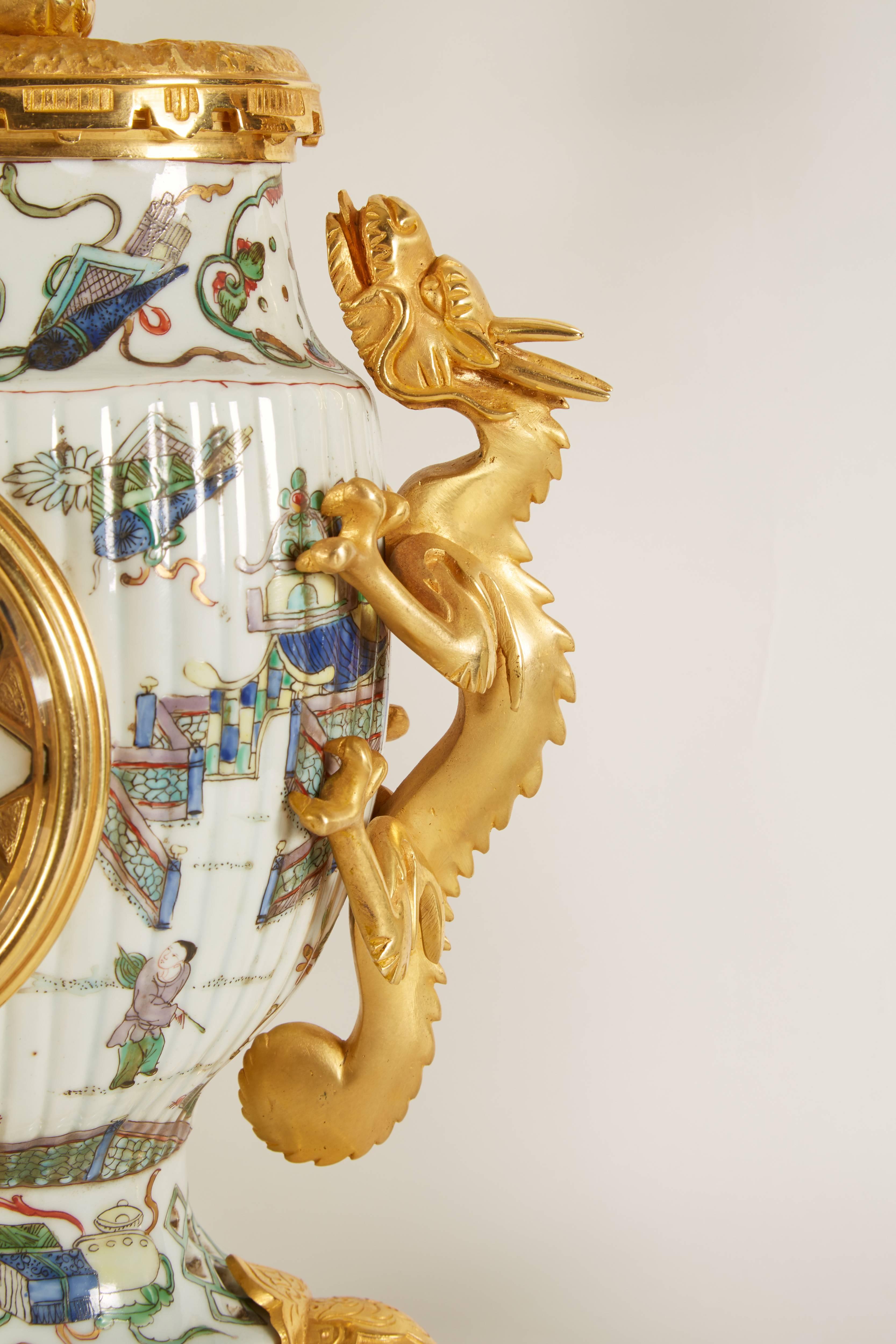 19th Century French Japonisme Ormolu-Mounted Chinese Famile Verte Porcelain Clock Garniture