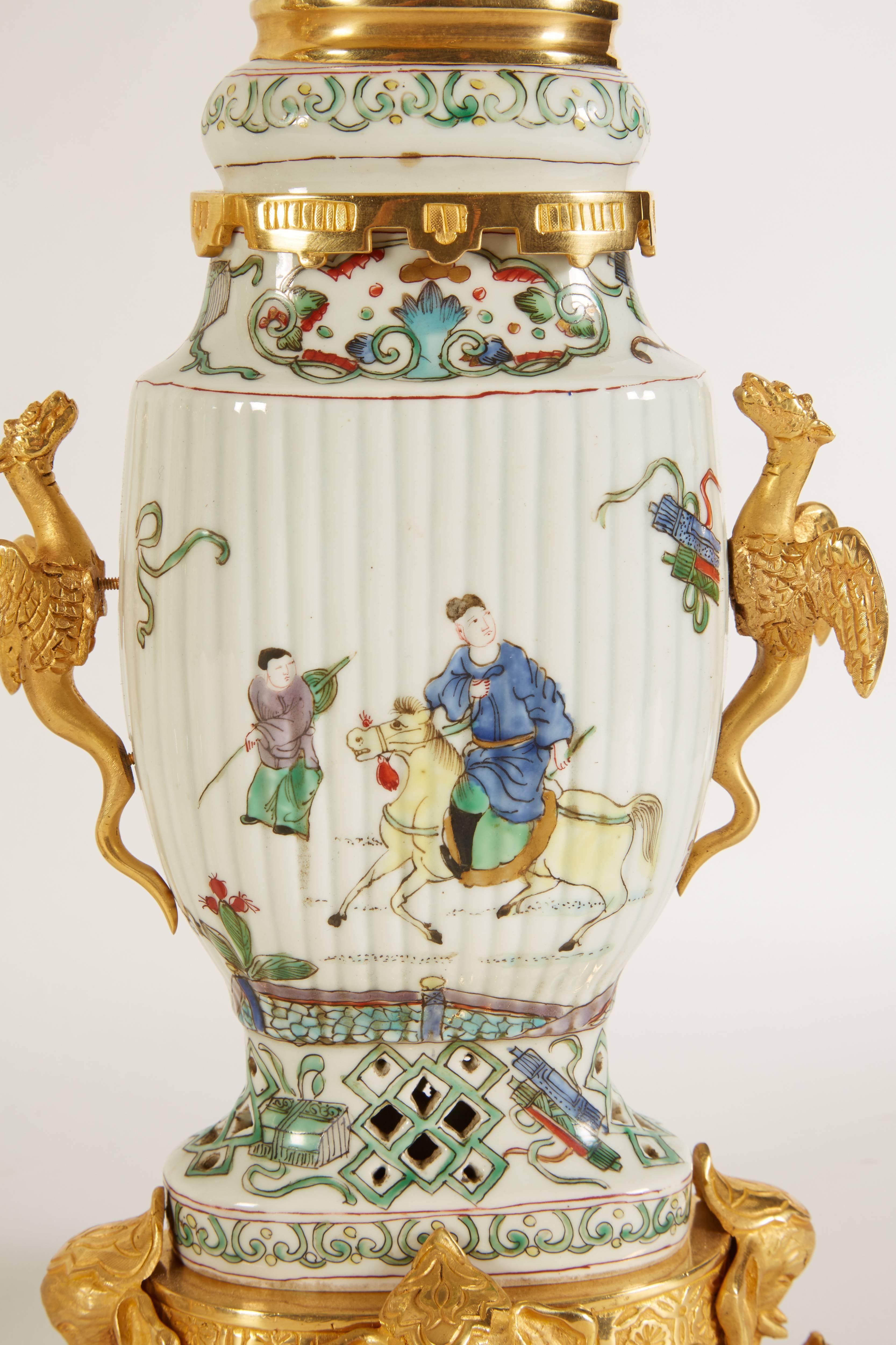 French Japonisme Ormolu-Mounted Chinese Famile Verte Porcelain Clock Garniture 1