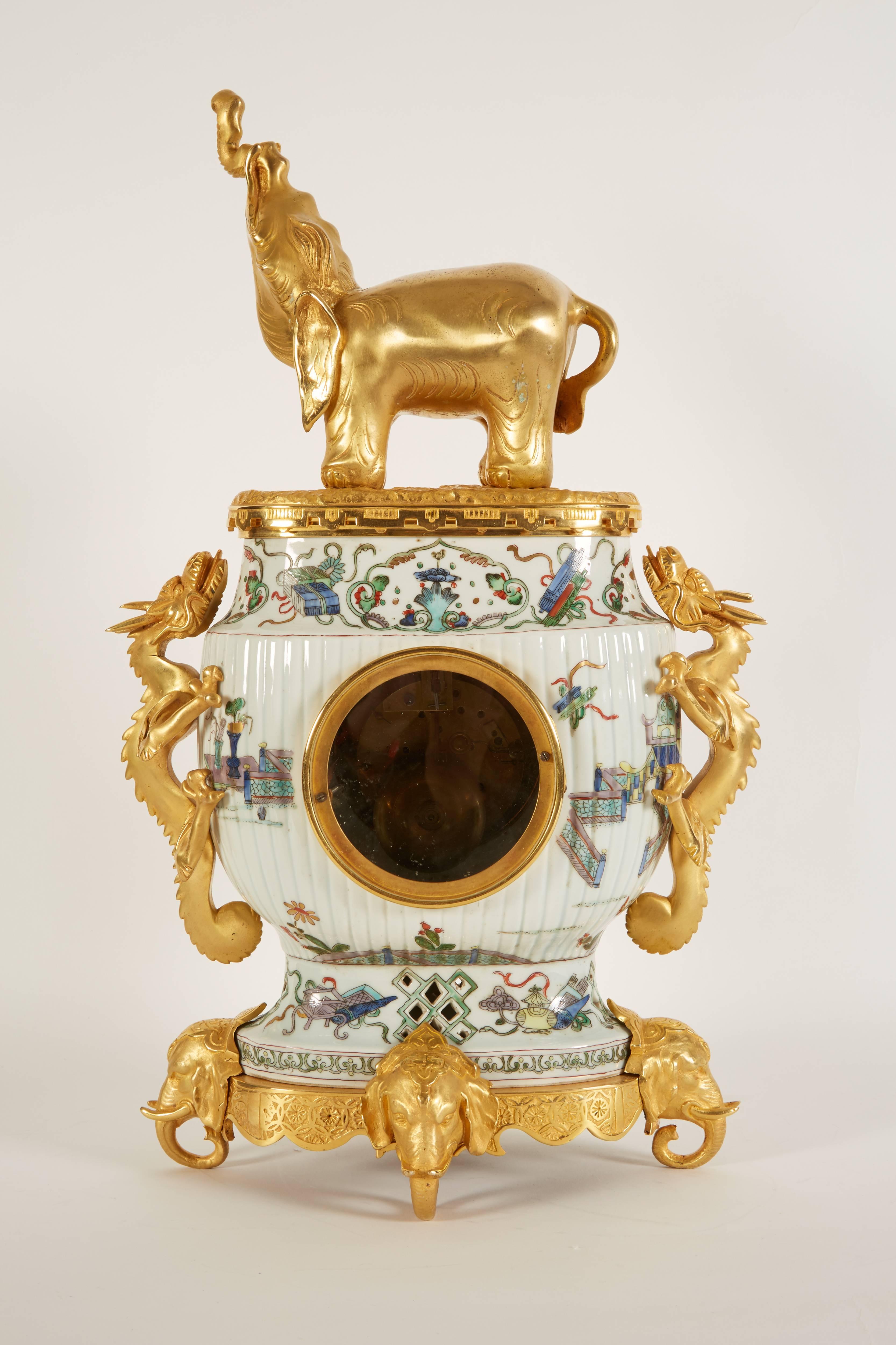 French Japonisme Ormolu-Mounted Chinese Famile Verte Porcelain Clock Garniture 4