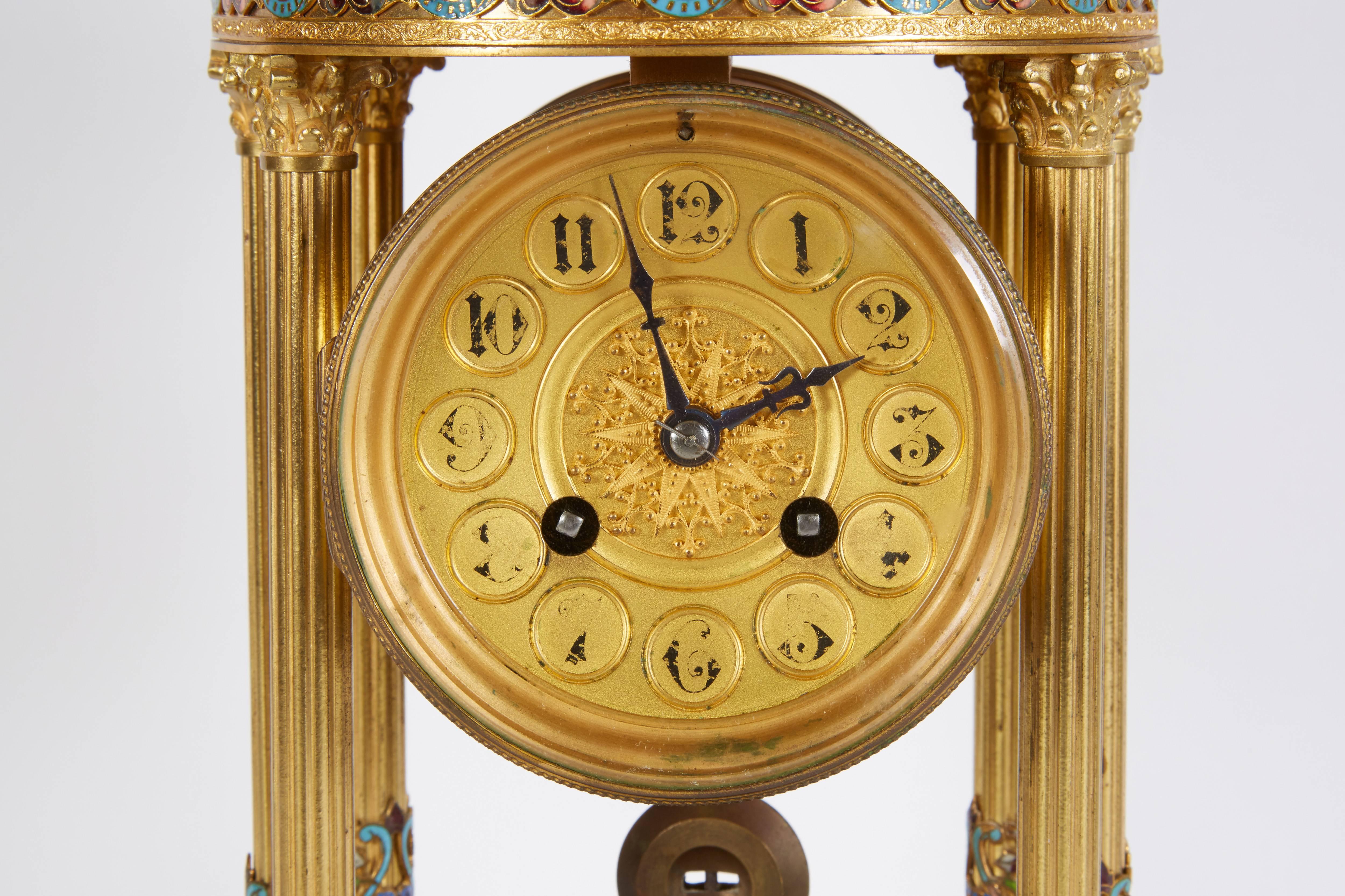 French Cloisonne Champleve Enamel Round Mantle Clock with Columns In Good Condition In New York, NY