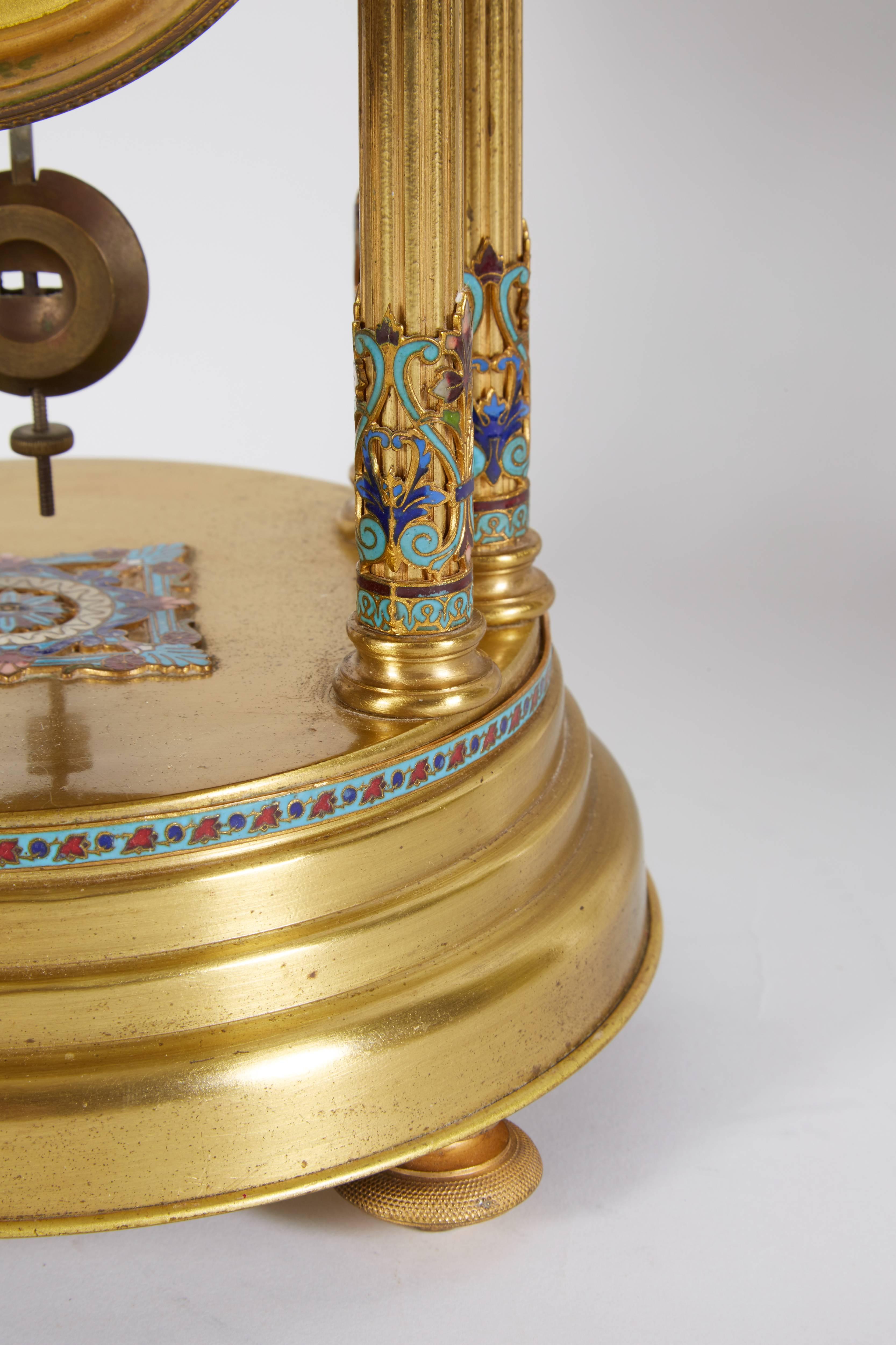 19th Century French Cloisonne Champleve Enamel Round Mantle Clock with Columns