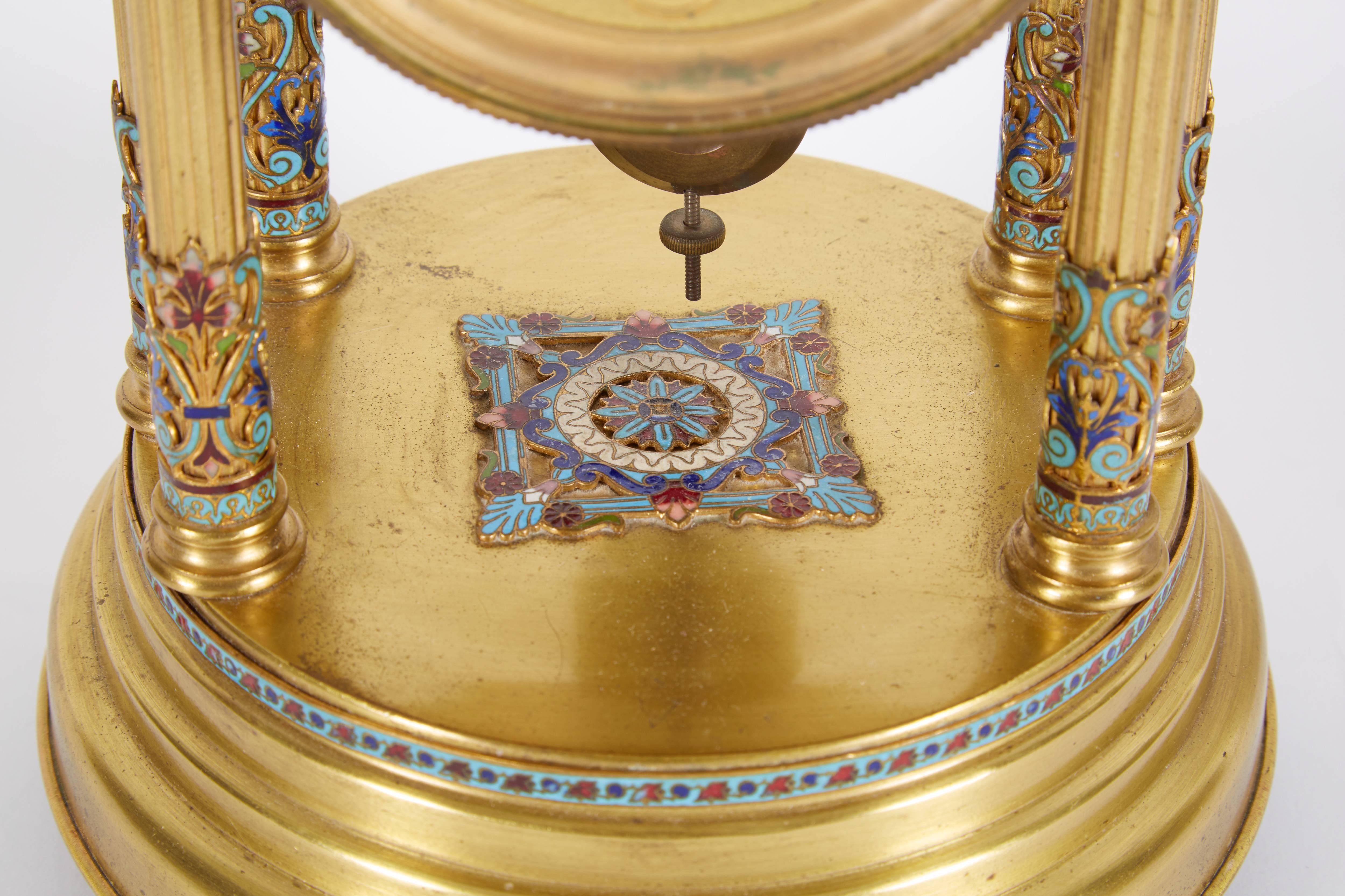 French Cloisonne Champleve Enamel Round Mantle Clock with Columns 1