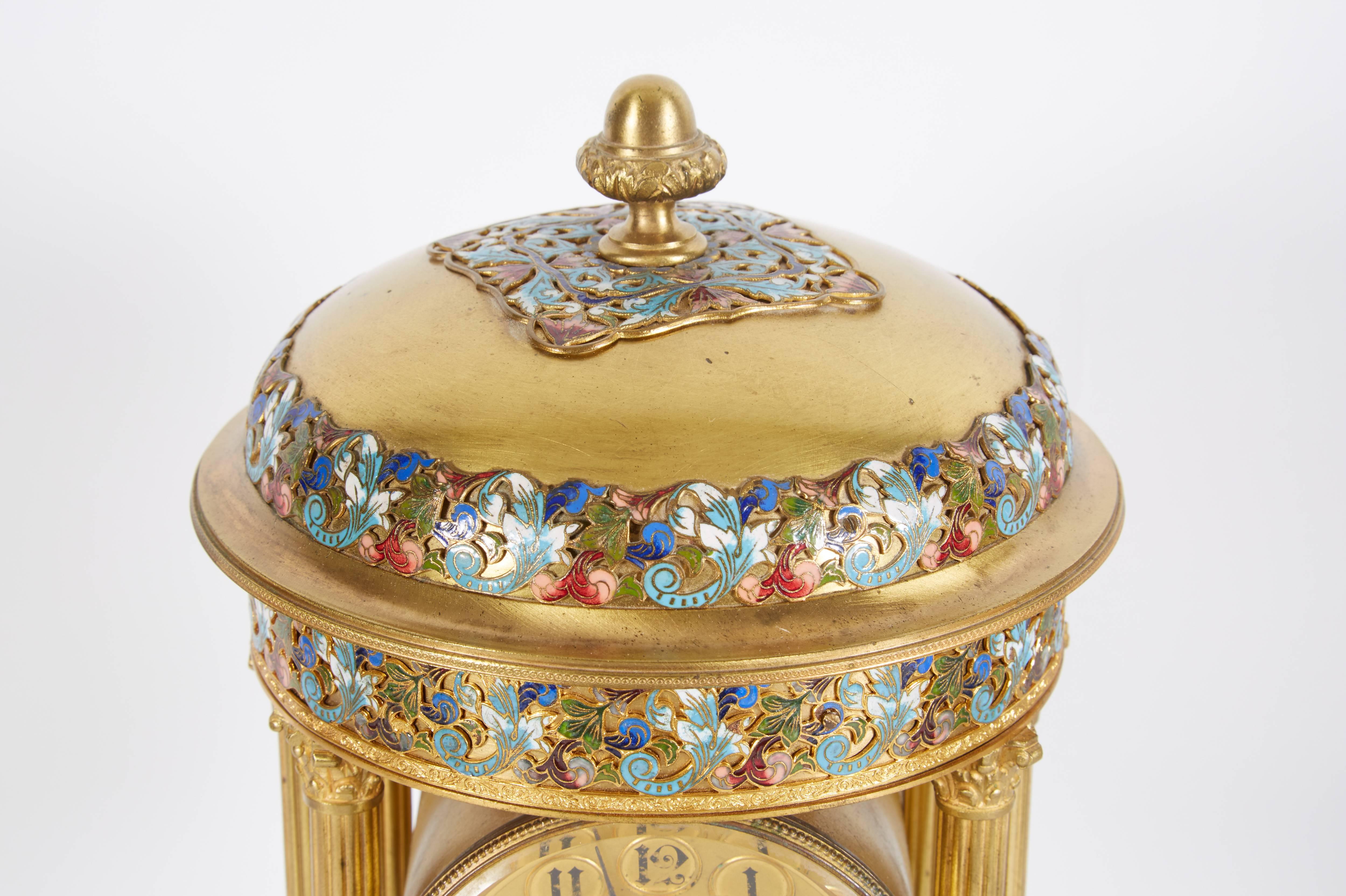 French Cloisonne Champleve Enamel Round Mantle Clock with Columns 2