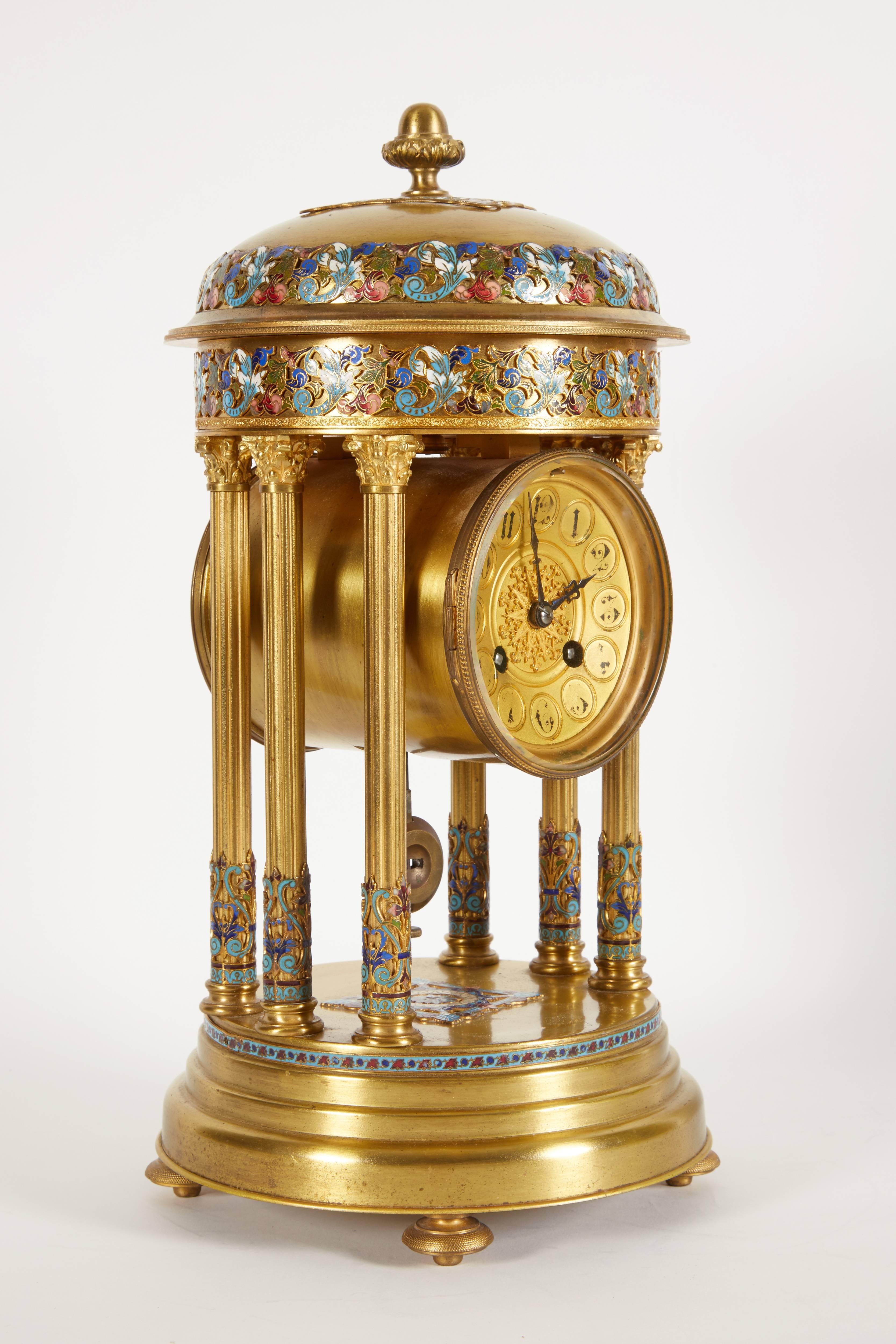 French Cloisonne Champleve Enamel Round Mantle Clock with Columns 4
