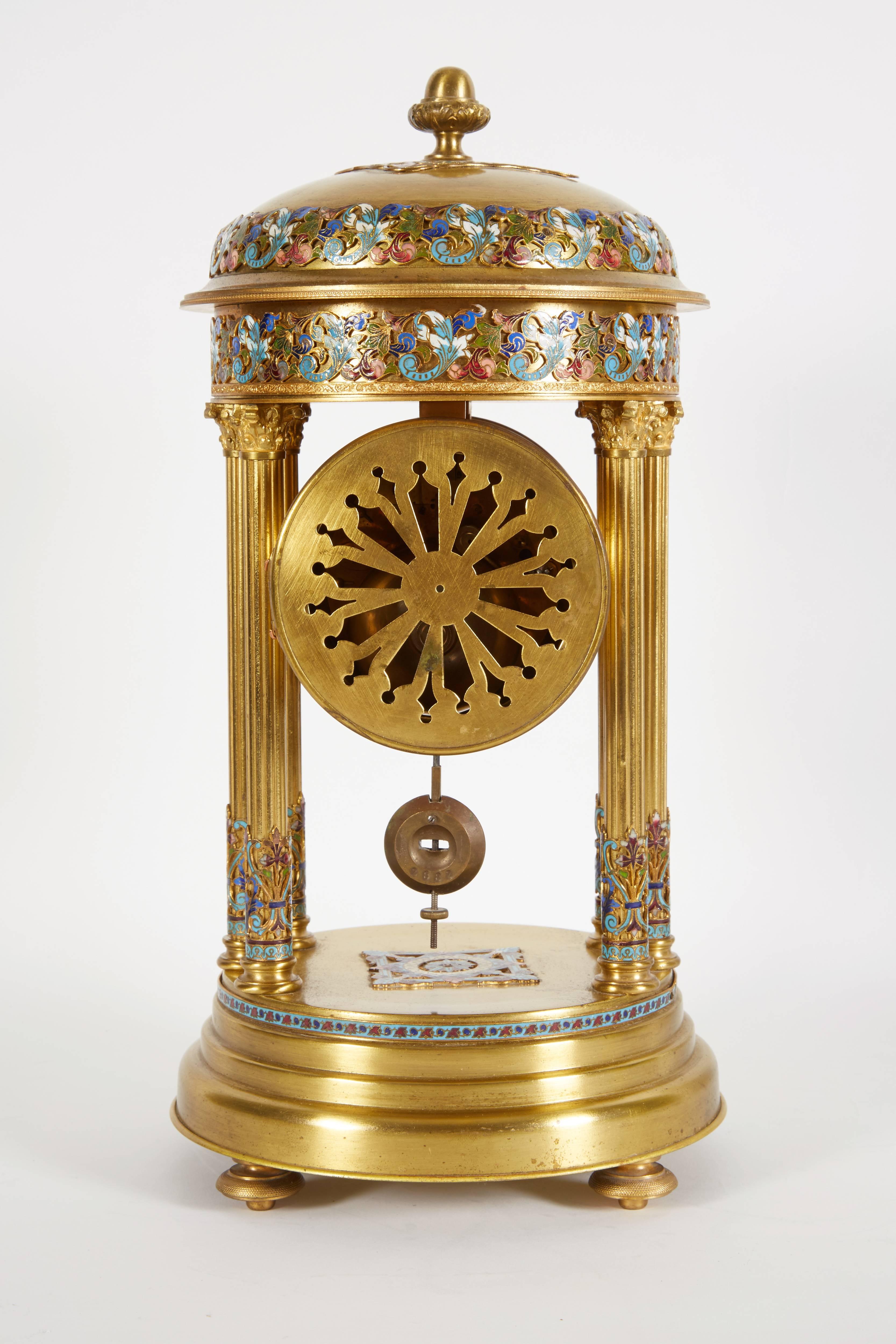 French Cloisonne Champleve Enamel Round Mantle Clock with Columns 5