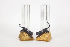 Pair of French Gilt and Patinated Bronze and Crystal Glass Vases with Panthers