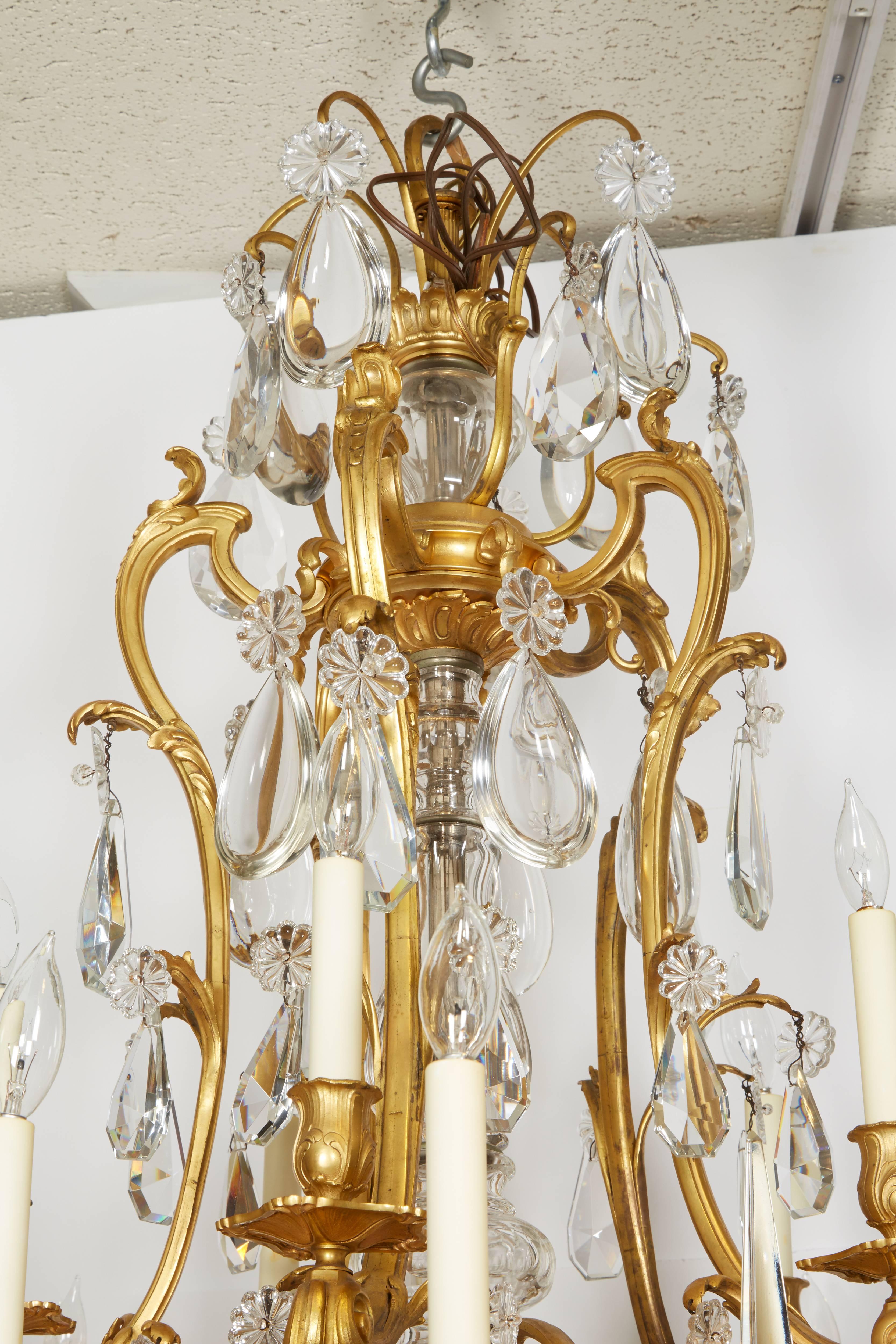 Rococo French Ormolu Bronze Baccarat Glass & Rock Crystal Fifteen-Light Chandelier