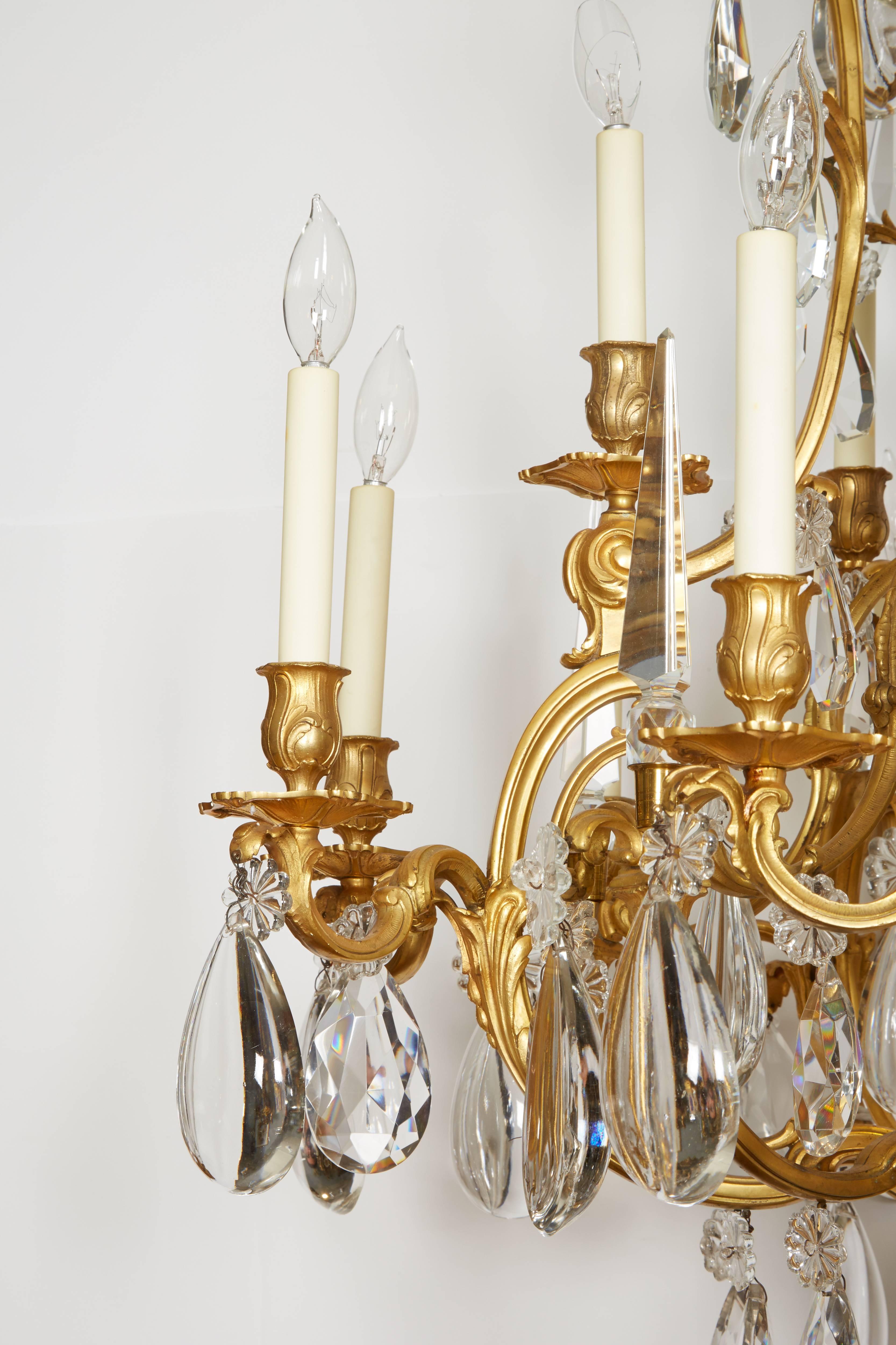 French Ormolu Bronze Baccarat Glass & Rock Crystal Fifteen-Light Chandelier In Excellent Condition In New York, NY