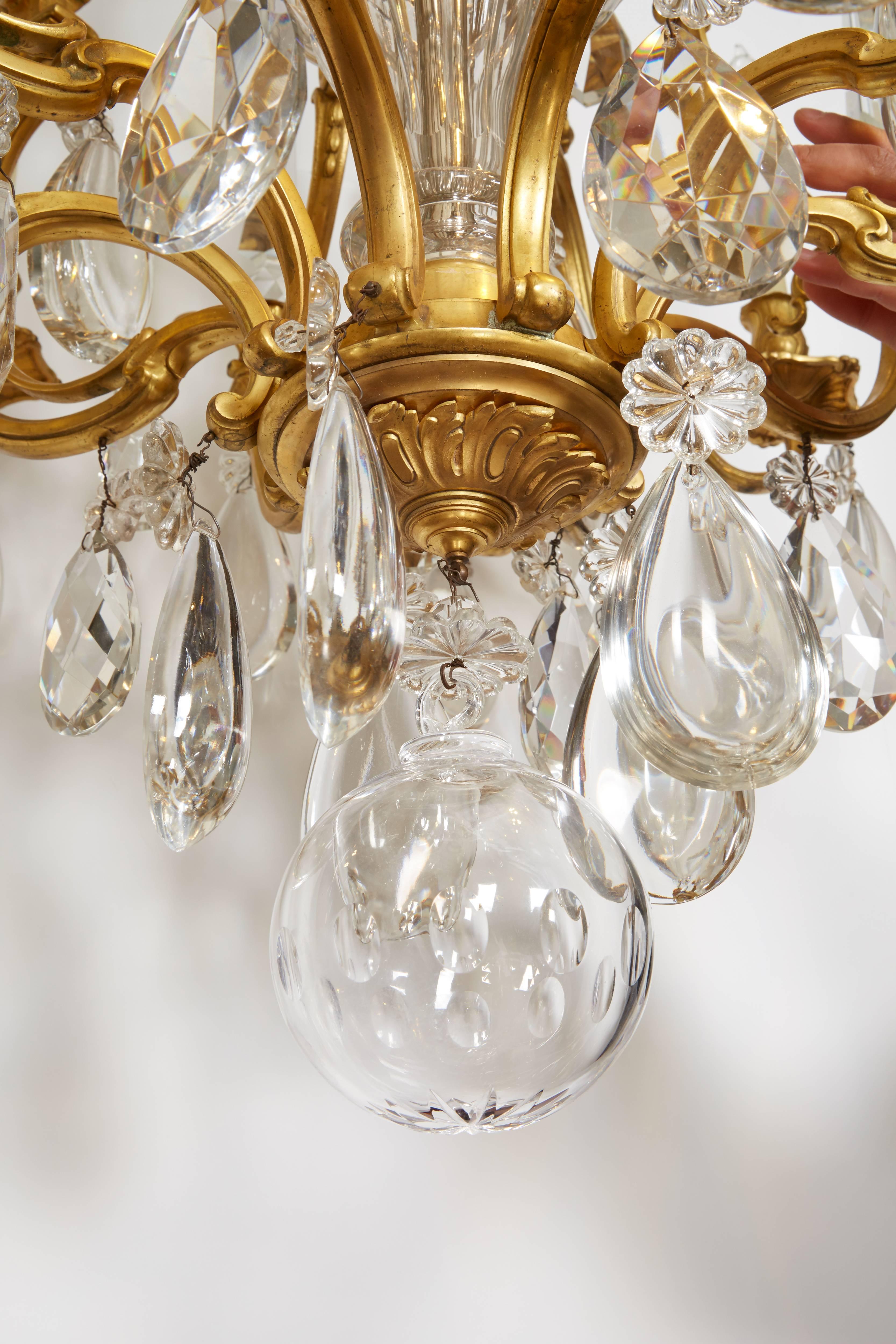 19th Century French Ormolu Bronze Baccarat Glass & Rock Crystal Fifteen-Light Chandelier
