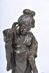Large Japanese Bronze of Young Girl and a Dog