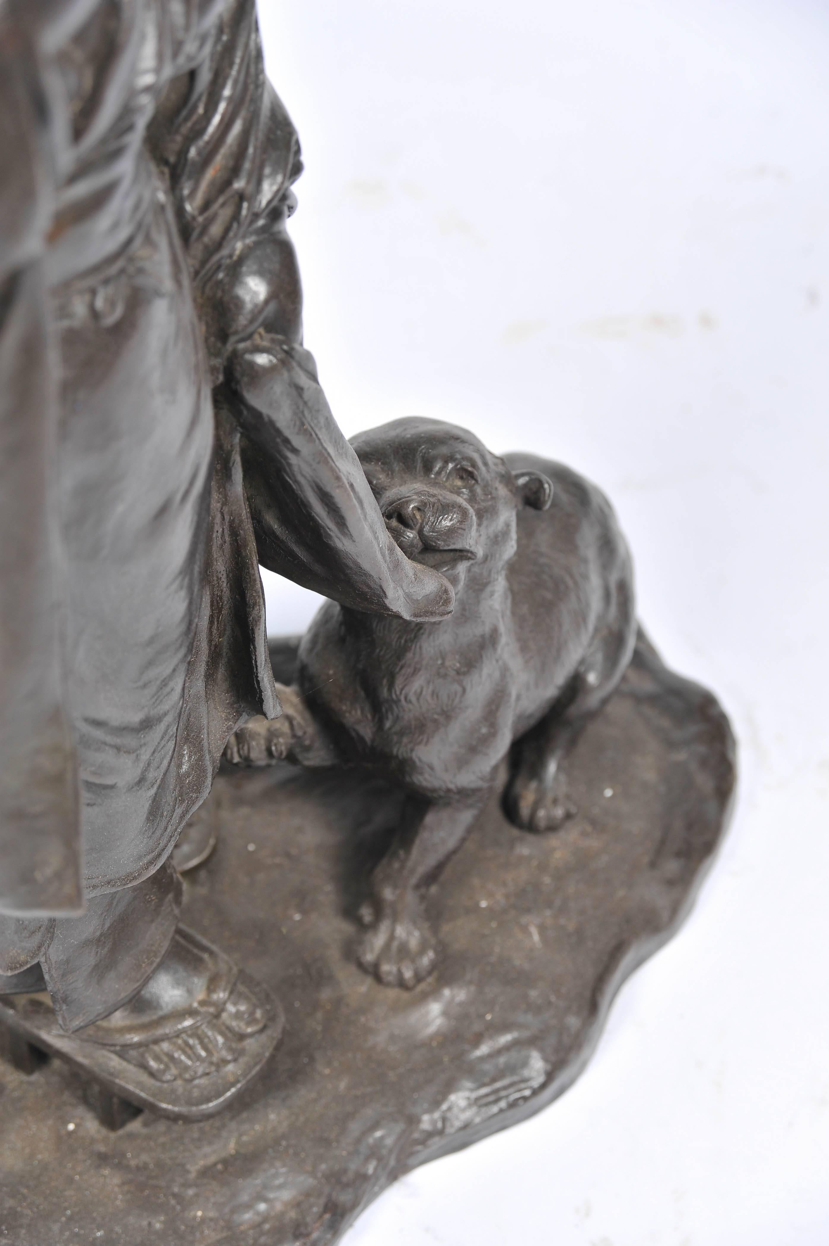 19th Century Large Japanese Bronze of Young Girl and a Dog For Sale