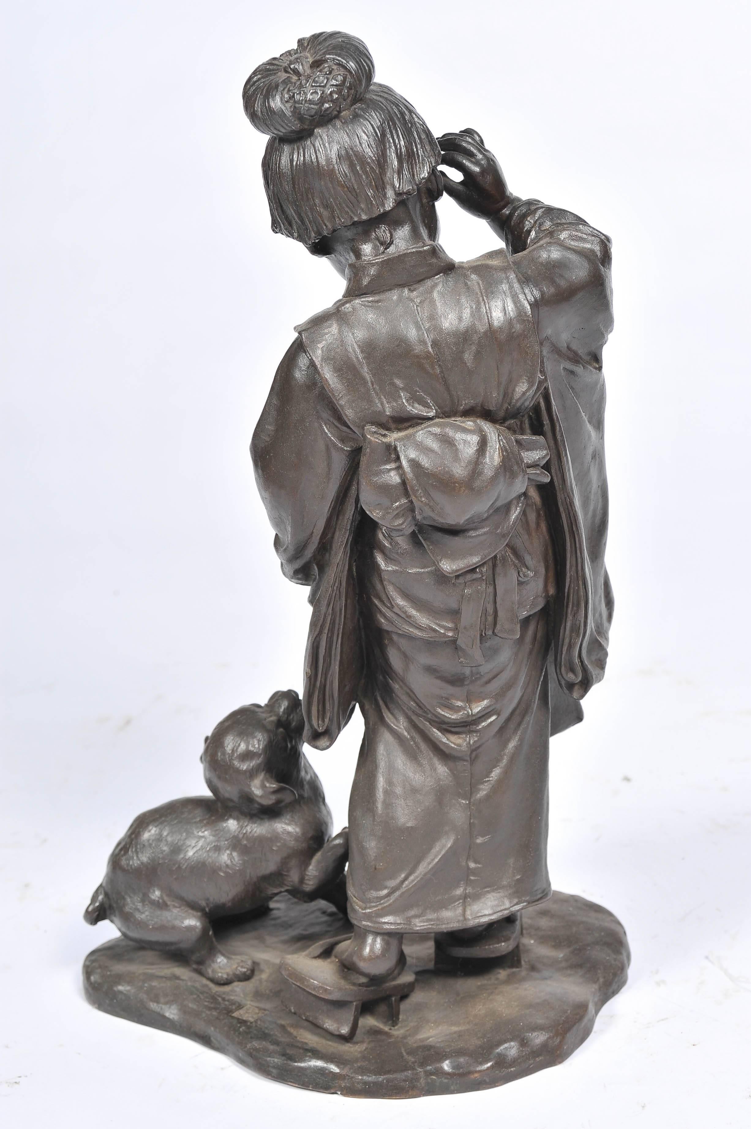 19th Century Large Japanese Bronze of Young Girl and a Dog For Sale