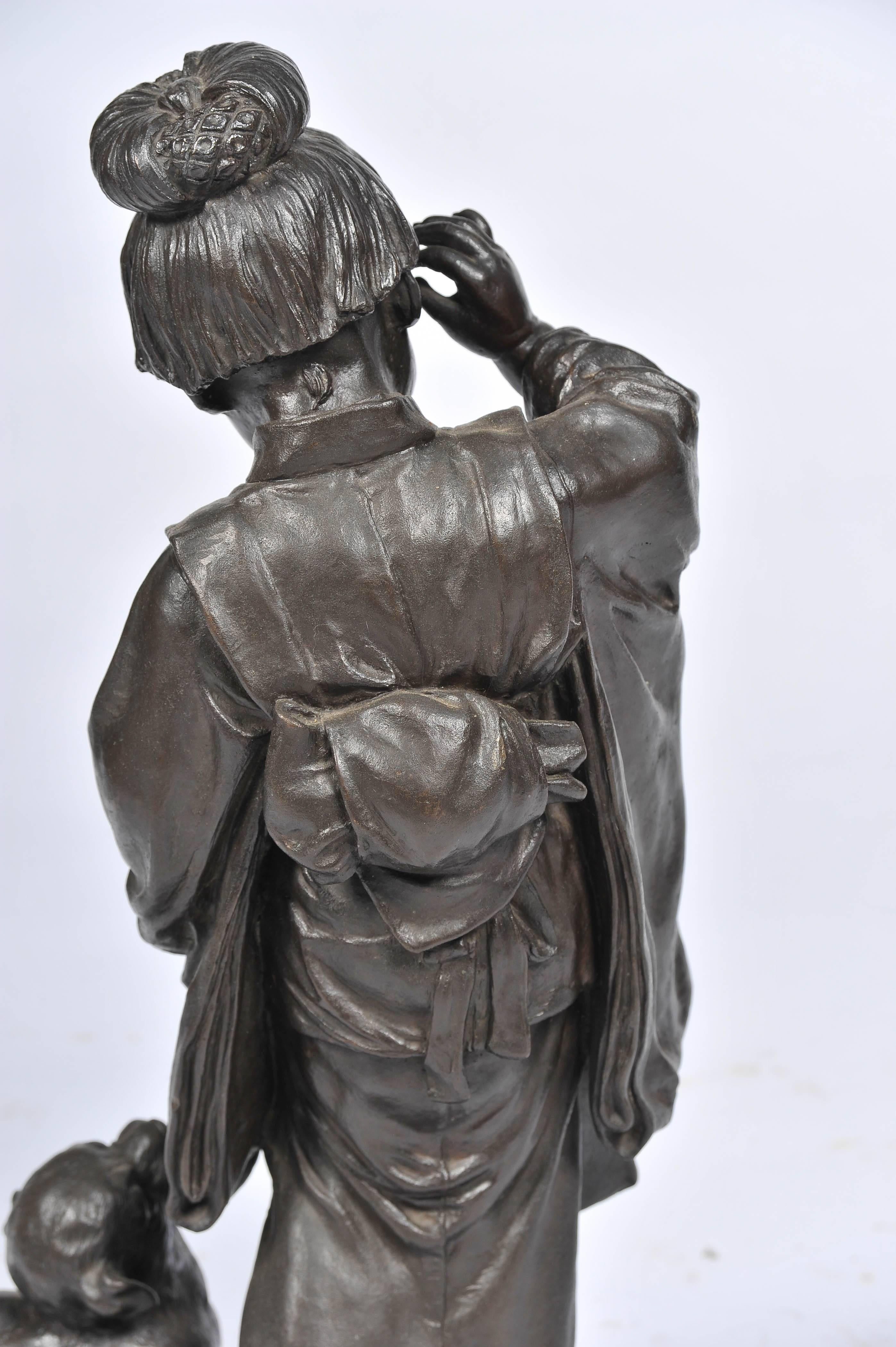 Large Japanese Bronze of Young Girl and a Dog For Sale 3