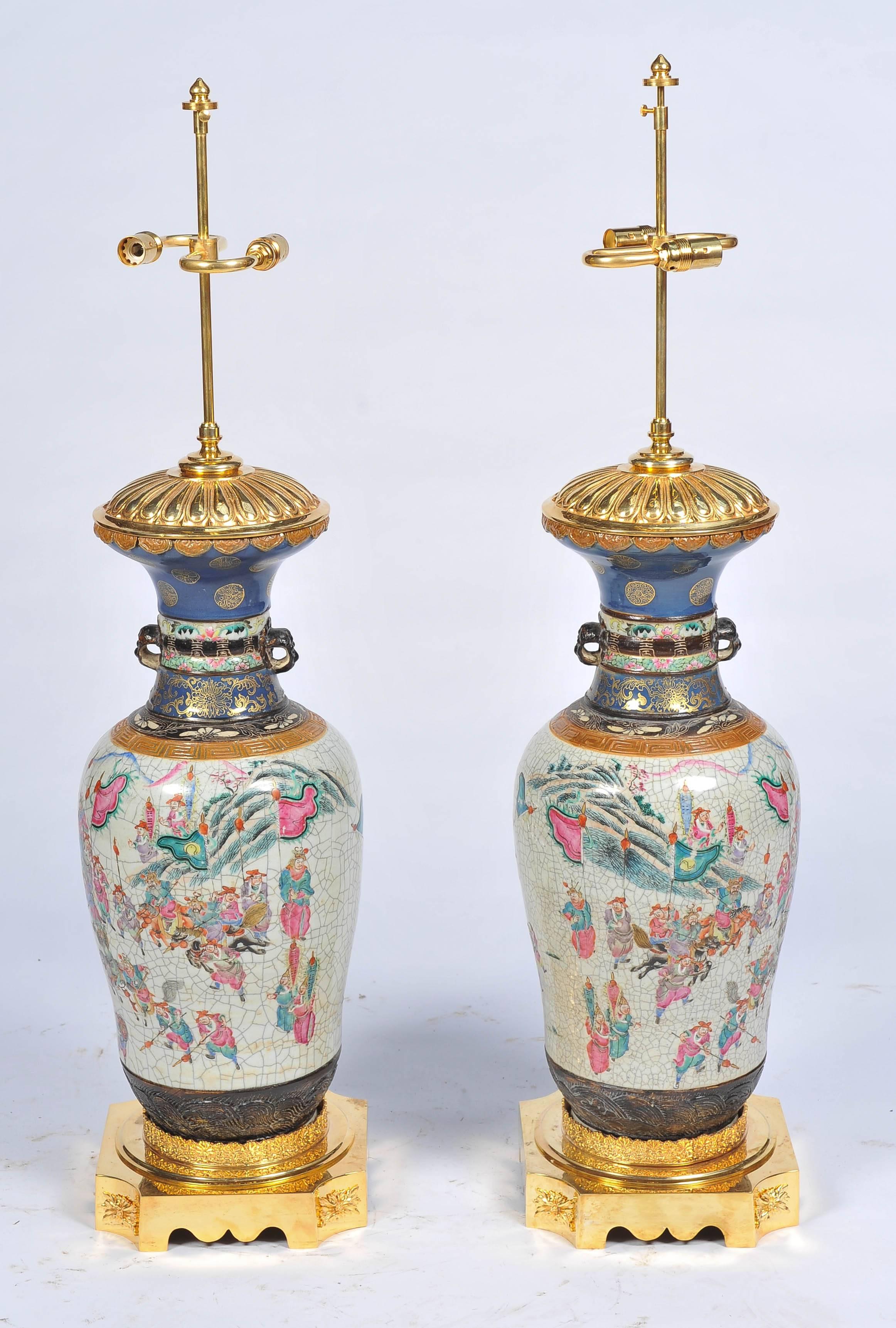 Gilt Large Pair of 19th Century Chinese Crackleware Vases or Lamps