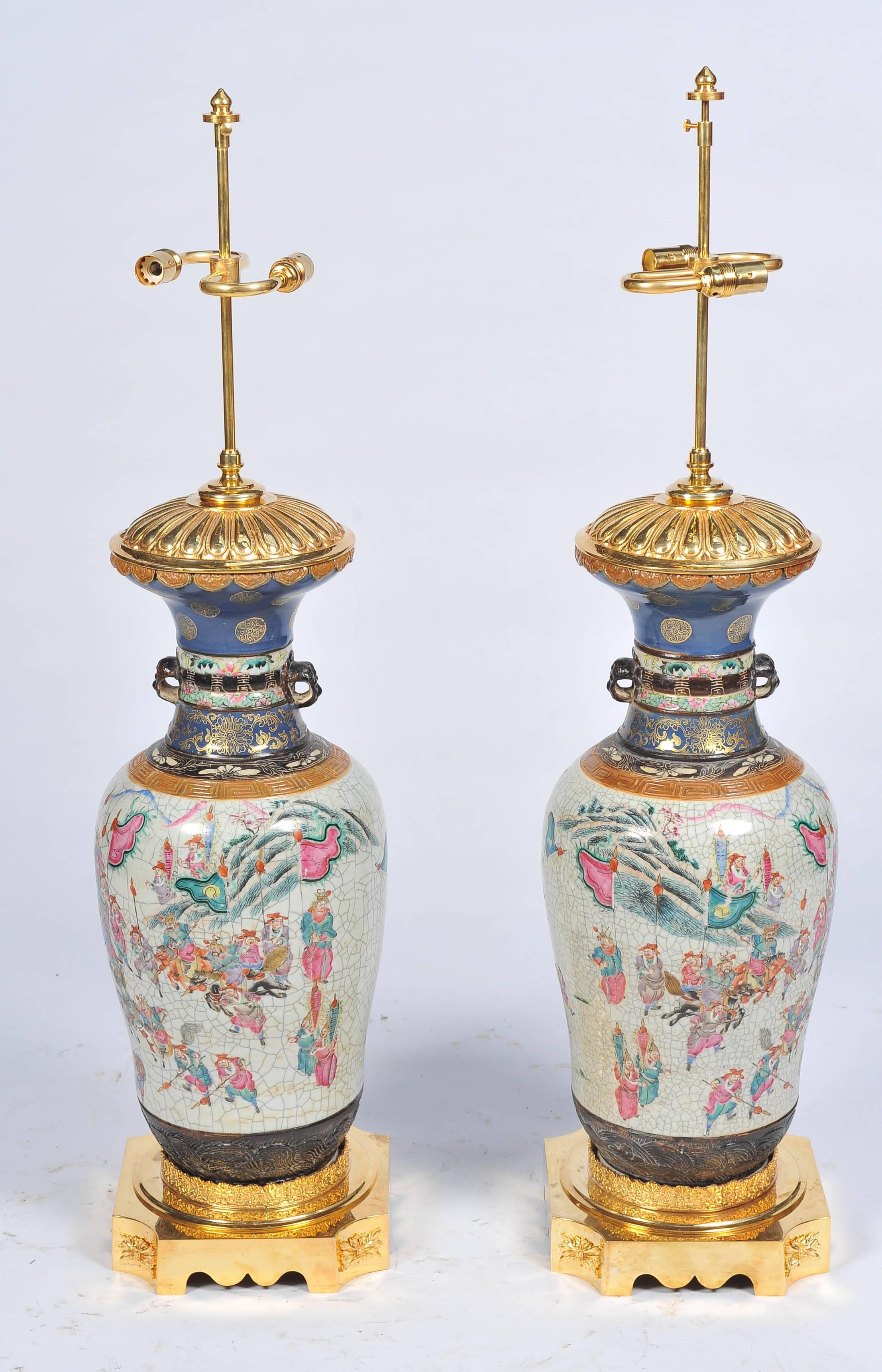 Large Pair of 19th Century Chinese Crackleware Vases or Lamps In Good Condition In Brighton, Sussex