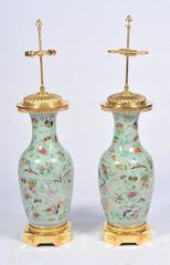 Pair of Celadon Famille Rose Vases / Lamps