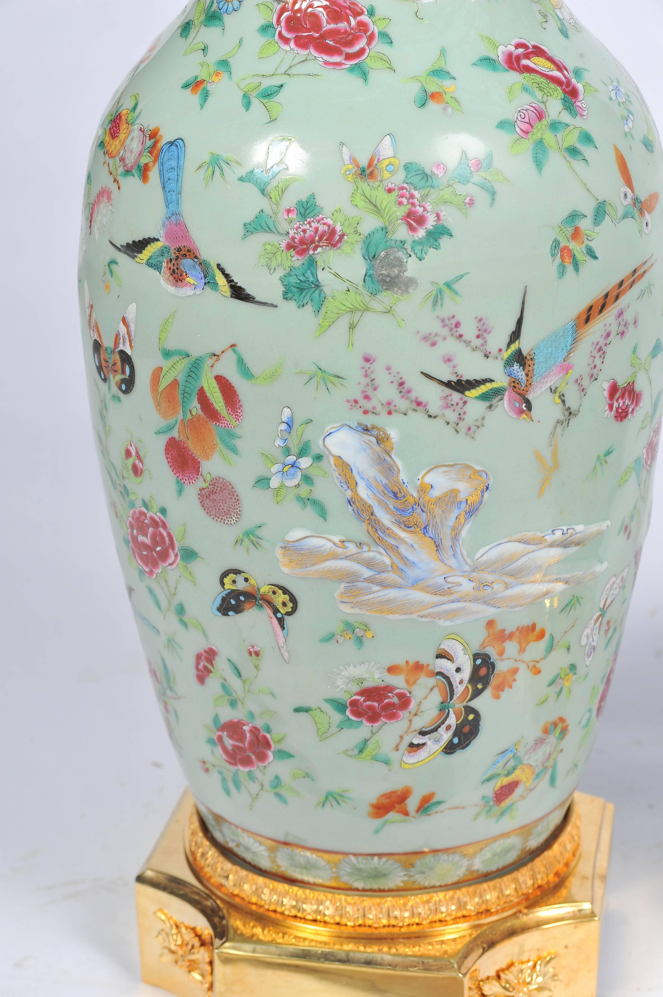 Chinese Export Pair of Celadon Famille Rose Vases / Lamps