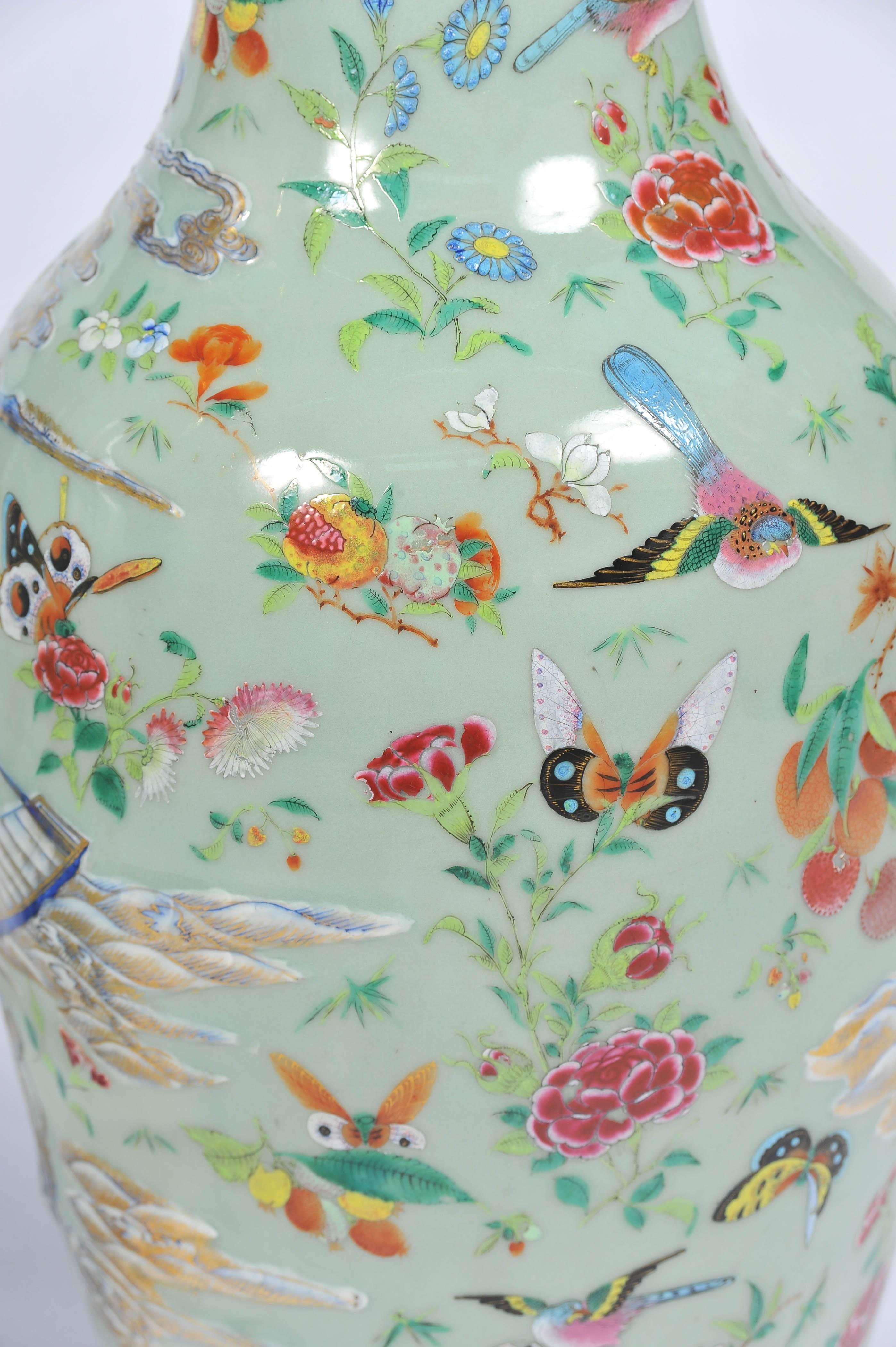 Chinese Pair of Celadon Famille Rose Vases / Lamps