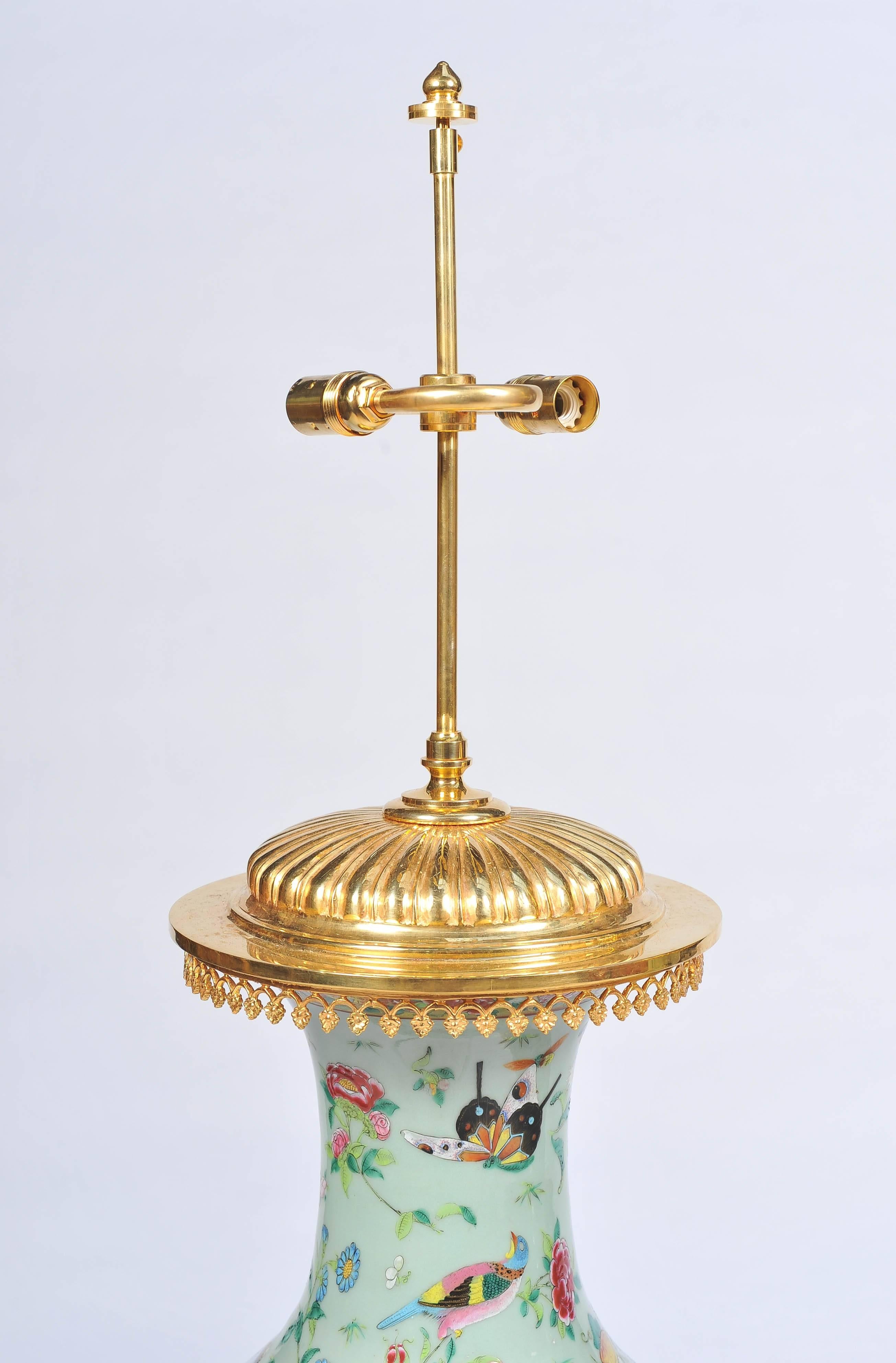 Gilt Pair of Celadon Famille Rose Vases / Lamps