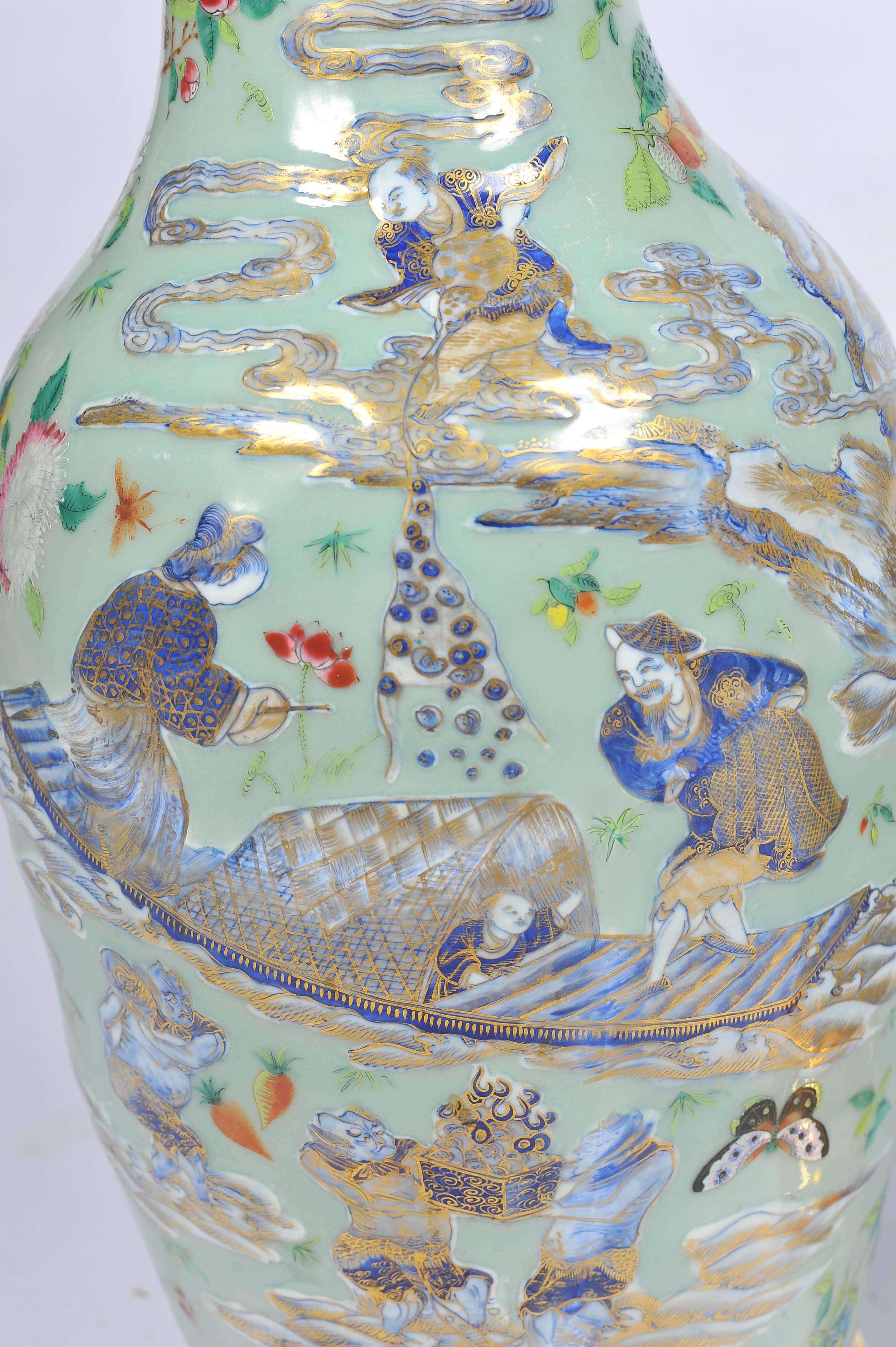 Pair of Celadon Famille Rose Vases / Lamps In Good Condition In Brighton, Sussex