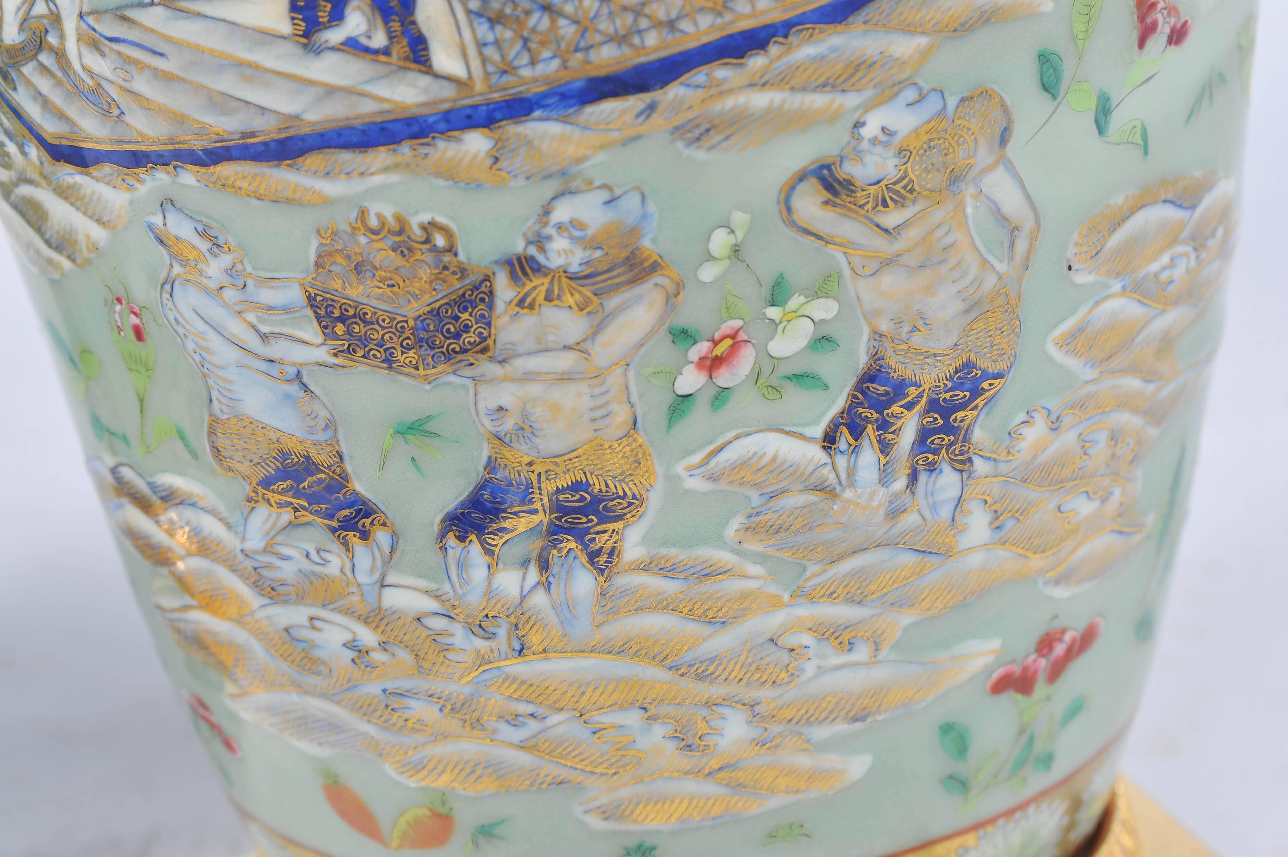 Pair of Celadon Famille Rose Vases / Lamps 2
