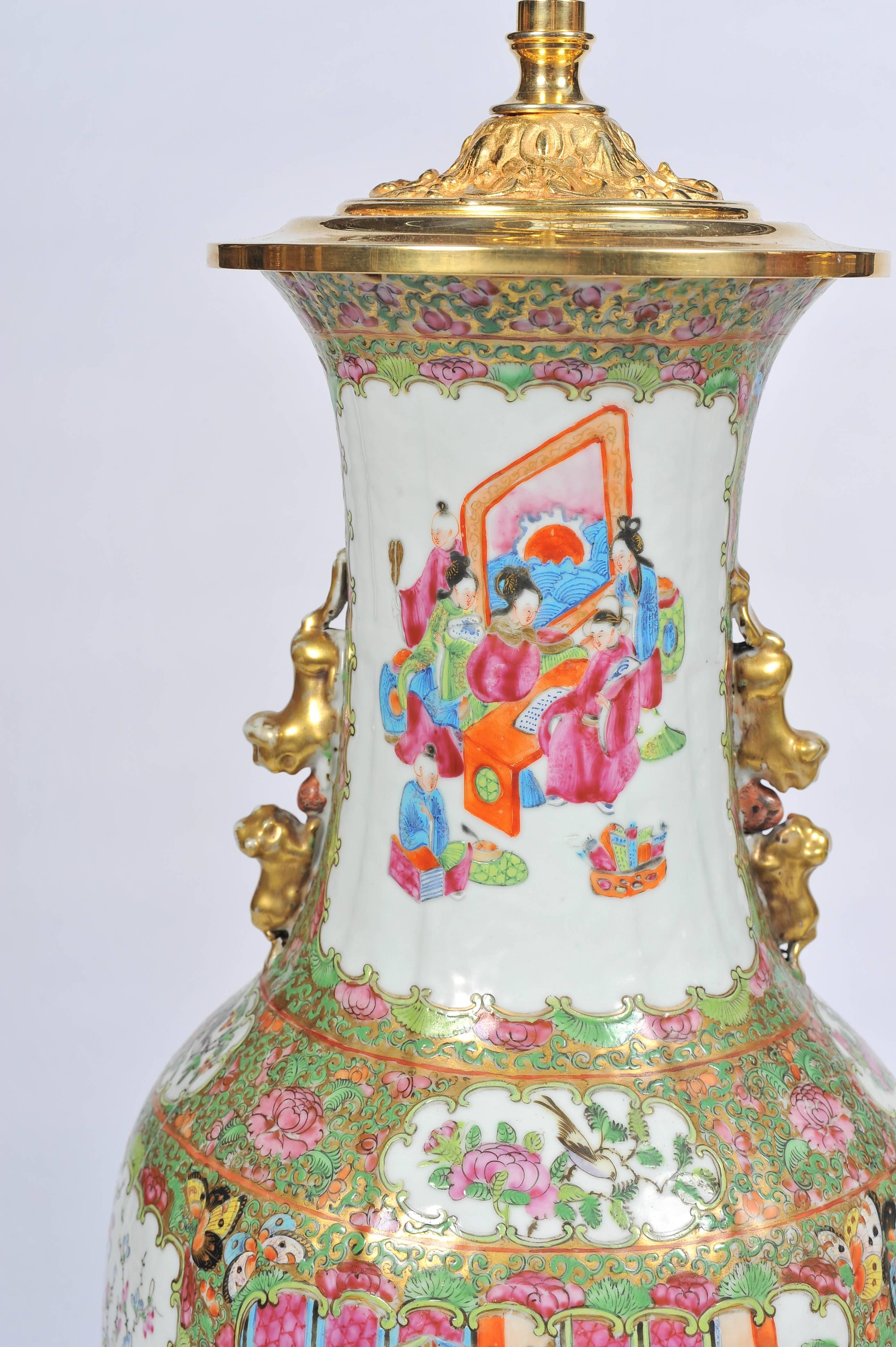 Chinese Export Pair of 19th Century Rose Medallion, Canton Vases or Lamps For Sale