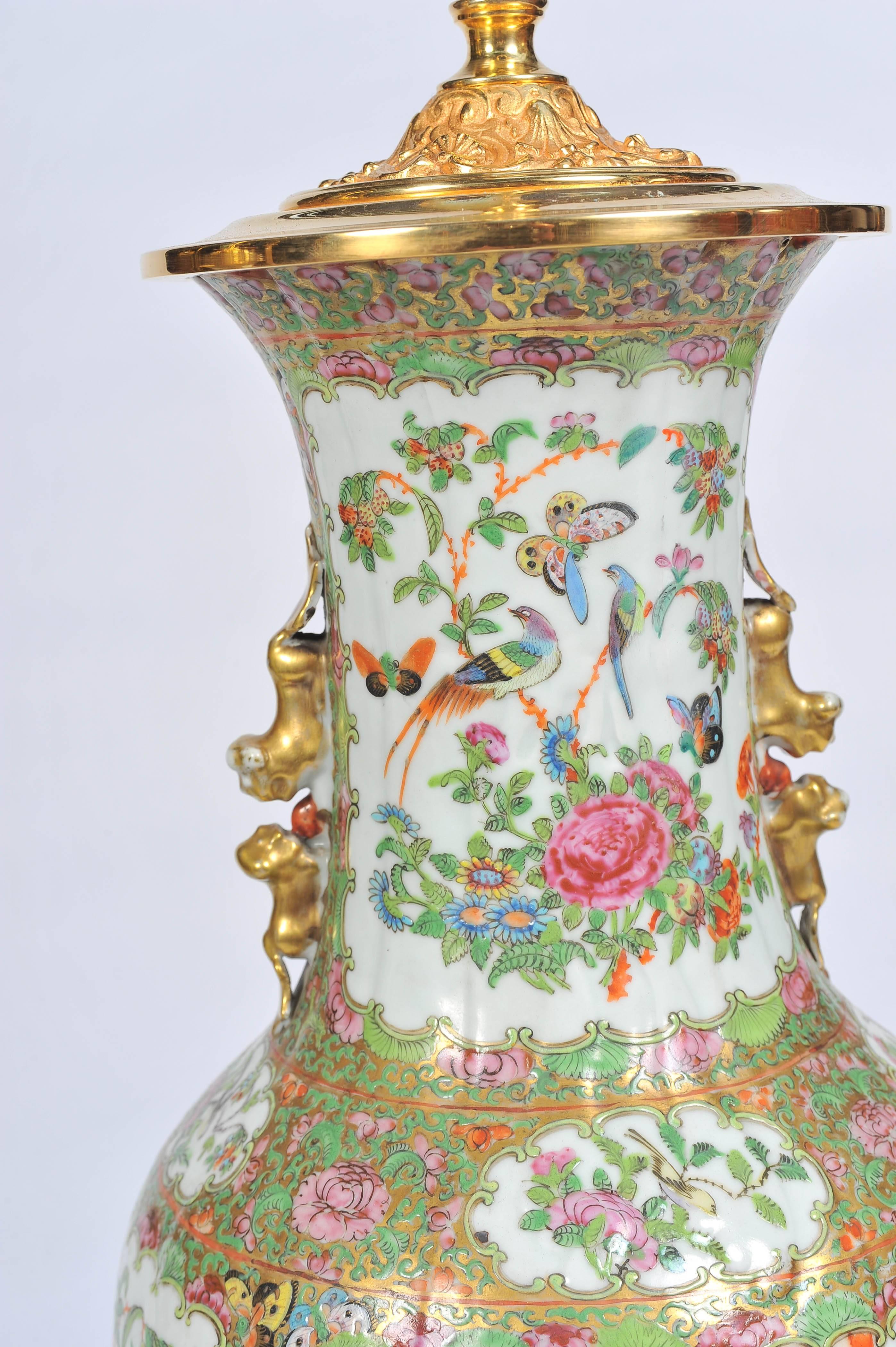 Chinese Pair of 19th Century Rose Medallion, Canton Vases or Lamps For Sale